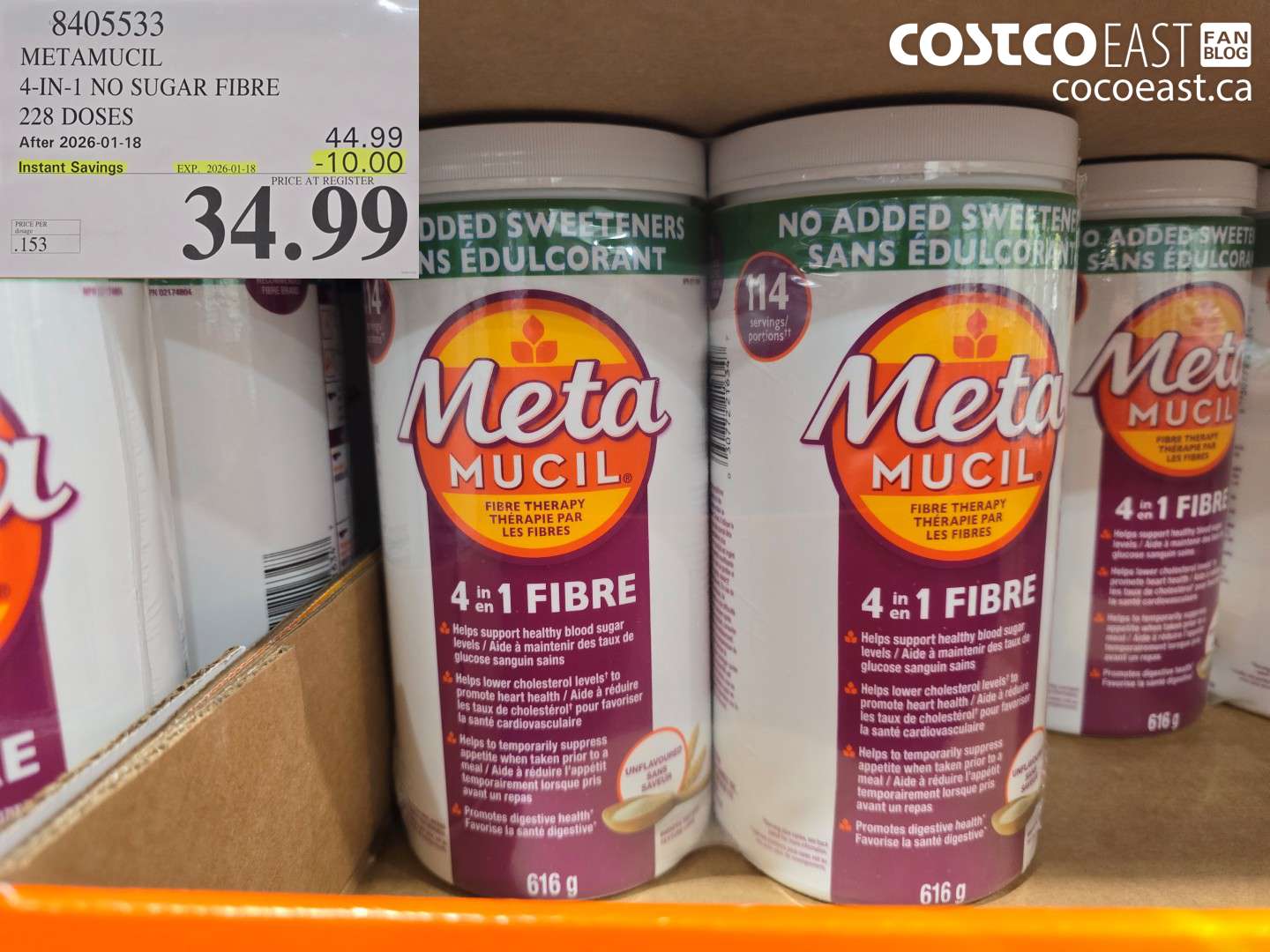 8405533 METAMUCIL 4-IN-1 NO SUGAR FIBER 228 DOSES ($10.00 INSTANT SAVINGS EXPIRES ON 2026-01-18) $34.99