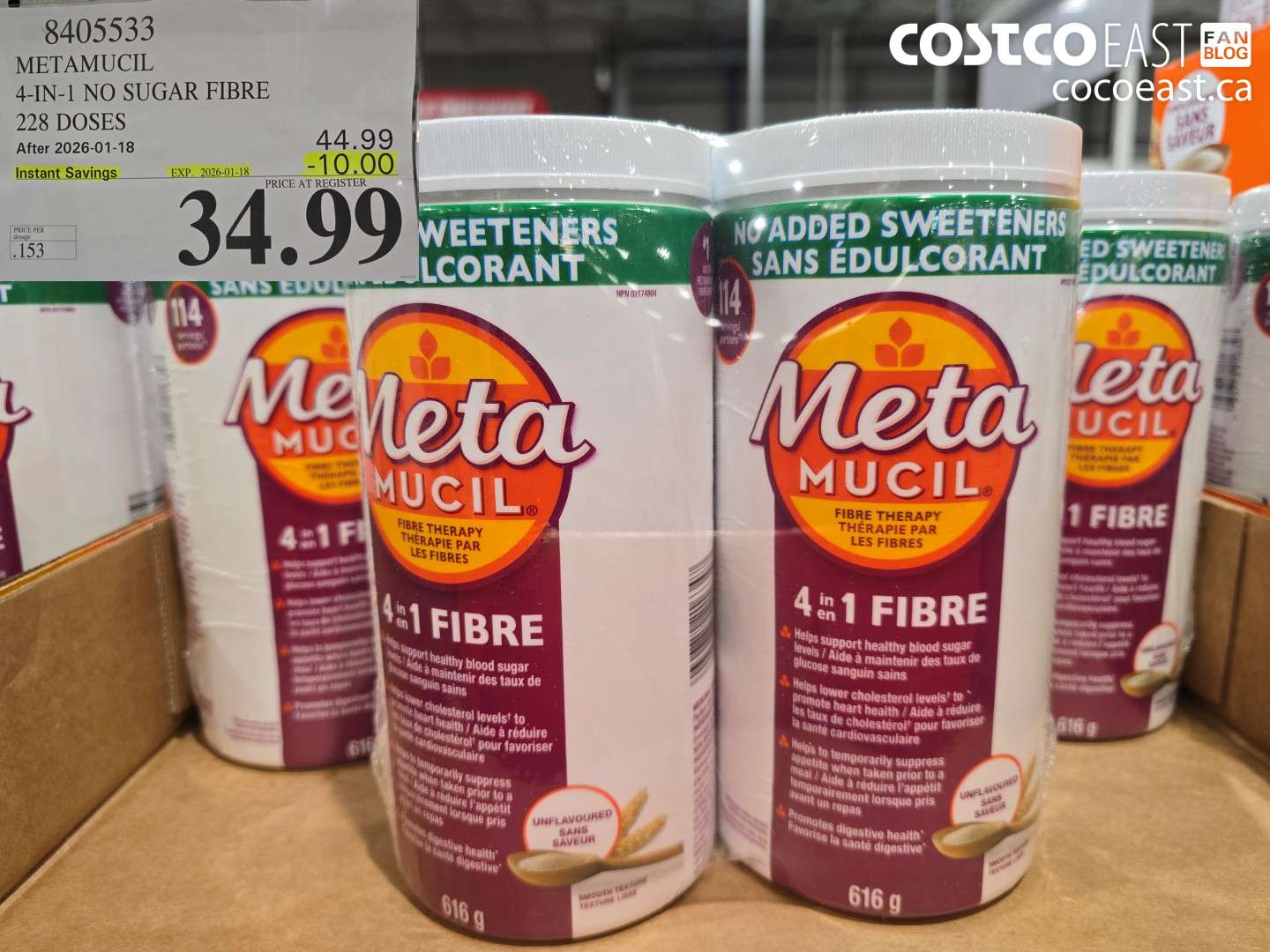 8405533 METAMUCIL 4-IN-1 NO SUGAR FIBER 228 DOSES ($10.00 INSTANT SAVINGS EXPIRES ON 2026-01-18) $34.99