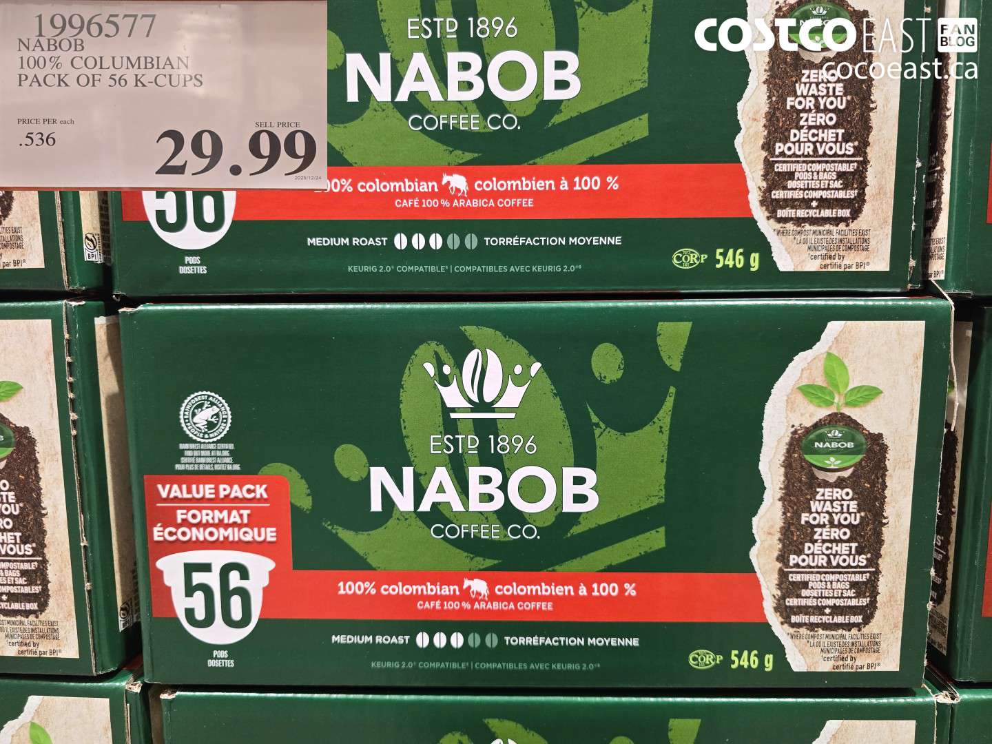 1996577 NABOB 100% COLUMBIA PACK OF 56 K-CUPS $29.99