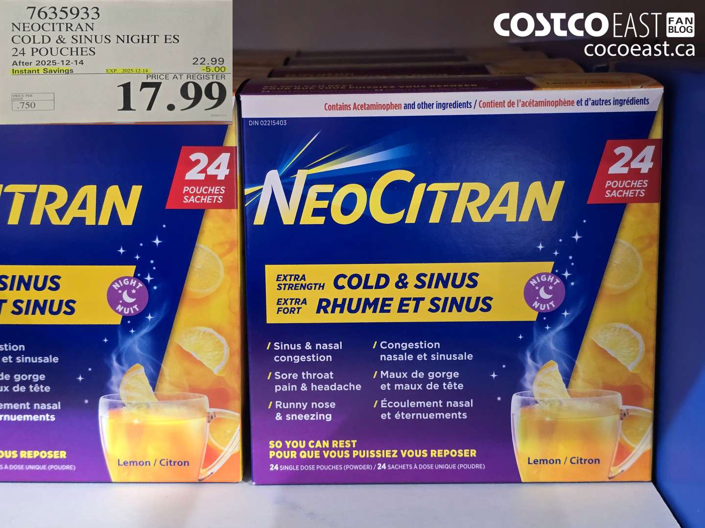 7635933 NEOCITRAN COLD & SINUS NIGHT ES 24 POUCHES ($5.00 INSTANT SAVINGS EXPIRES ON 2025-12-14) $17.99