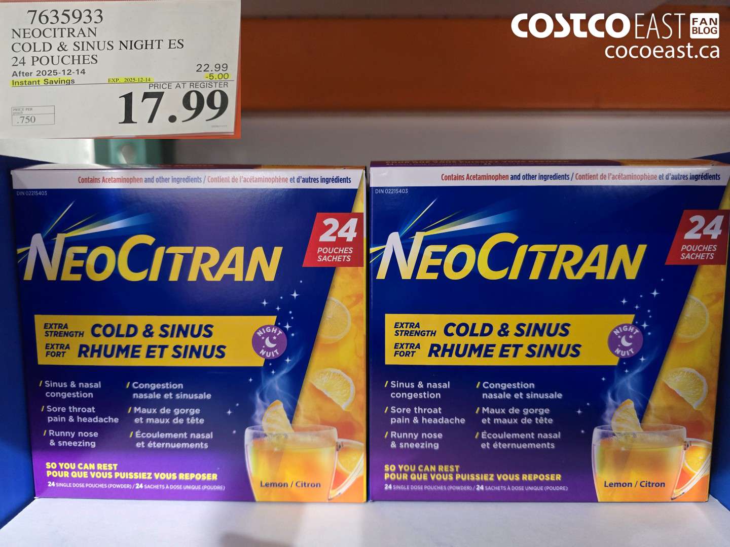 7635933 NEOCITRAN COLD & SINUS NIGHT ES 24 POUCHES ($5.00 INSTANT SAVINGS EXPIRES ON 2025-12-14) $17.99