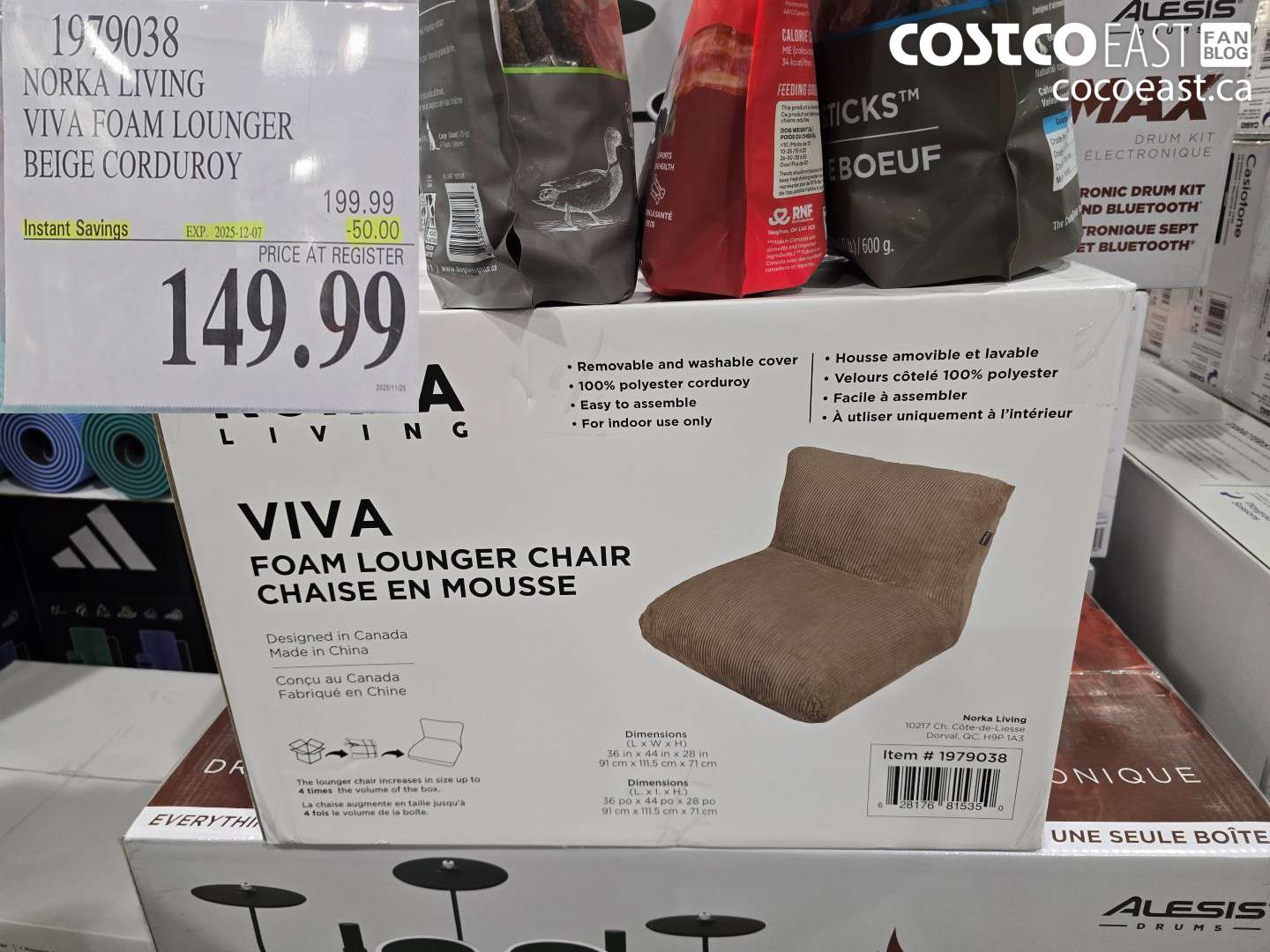 1979038 NORKA LIVING VIVA FOAM LOUNGER BEIGE CORDUROY ($50.00 INSTANT SAVINGS EXPIRES ON 2025-12-07) $149.99