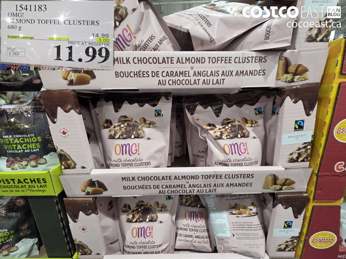 1541183 OMG! ALMOND TOFFEE CLUSTERS 680 g ($3.00 INSTANT SAVINGS EXPIRES ON 2025-12-28) $11.99