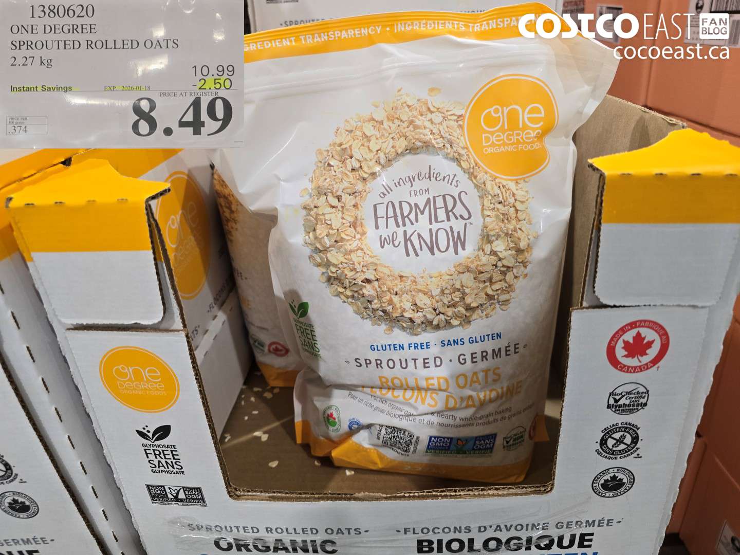 1380620 ONE DEGREE SPROUTED ROLLED OATS 2.27 KG ($2.50 INSTANT SAVINGS EXPIRES ON 2026-01-18) $8.49
