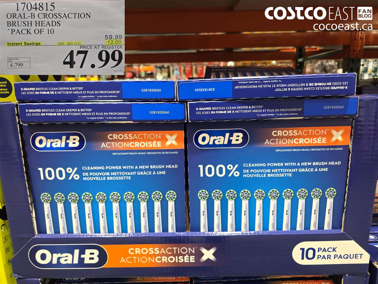1704815 ORAL-B CROSSACTION BRUSH HEADS PACK OF 10 ($12.00 INSTANT SAVINGS EXPIRES ON 2025-12-21) $47.99