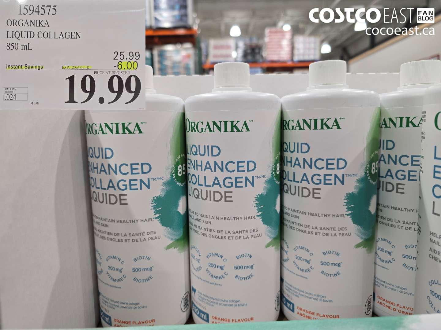 1594575 ORGANIKA LIQUID COLLAGEN 850 ML ($6.00 INSTANT SAVINGS EXPIRES ON 2026-01-18) $19.99