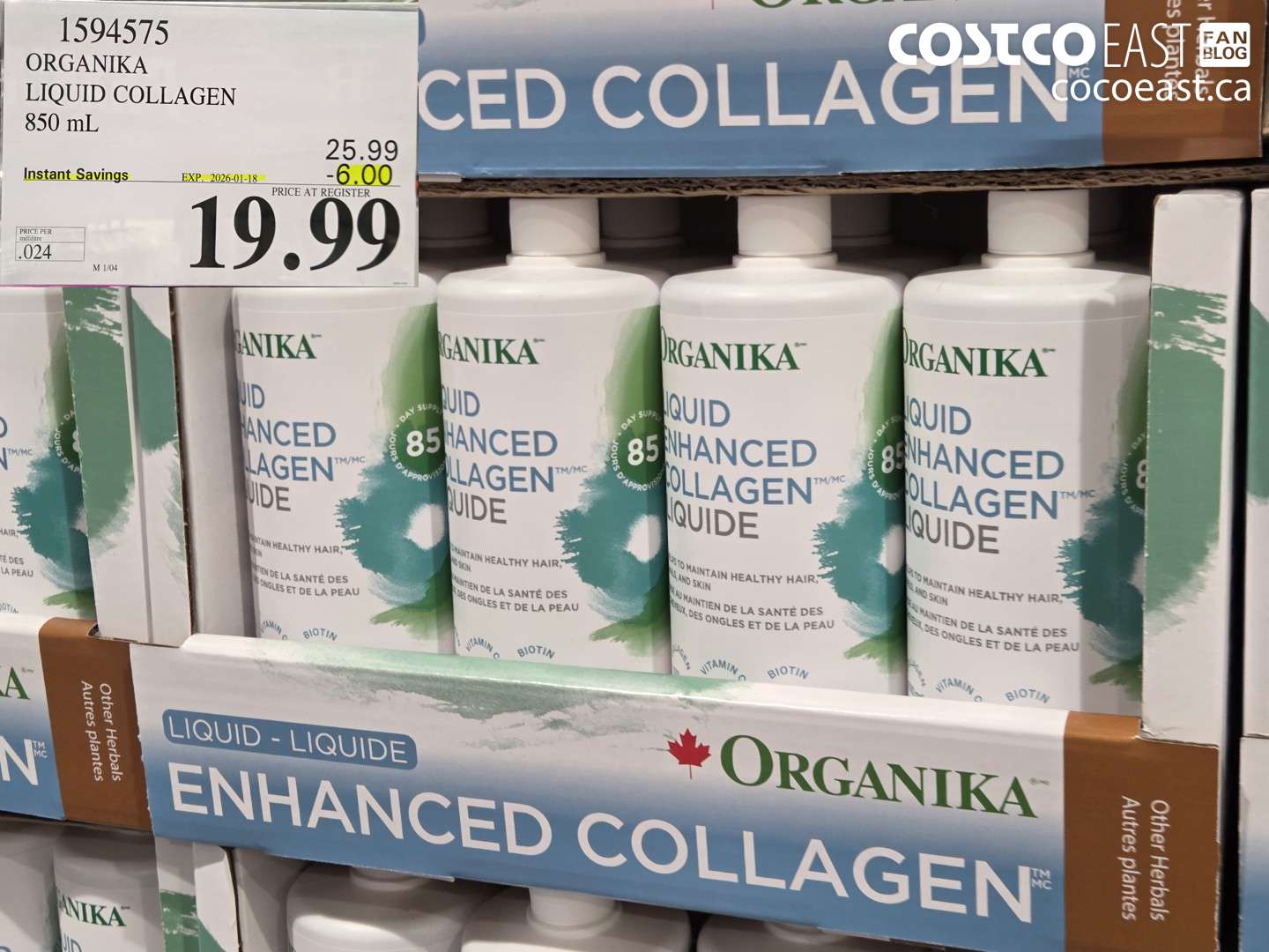 1594575 ORGANIKA LIQUID COLLAGEN 850 ML ($6.00 INSTANT SAVINGS EXPIRES ON 2026-01-18) $19.99