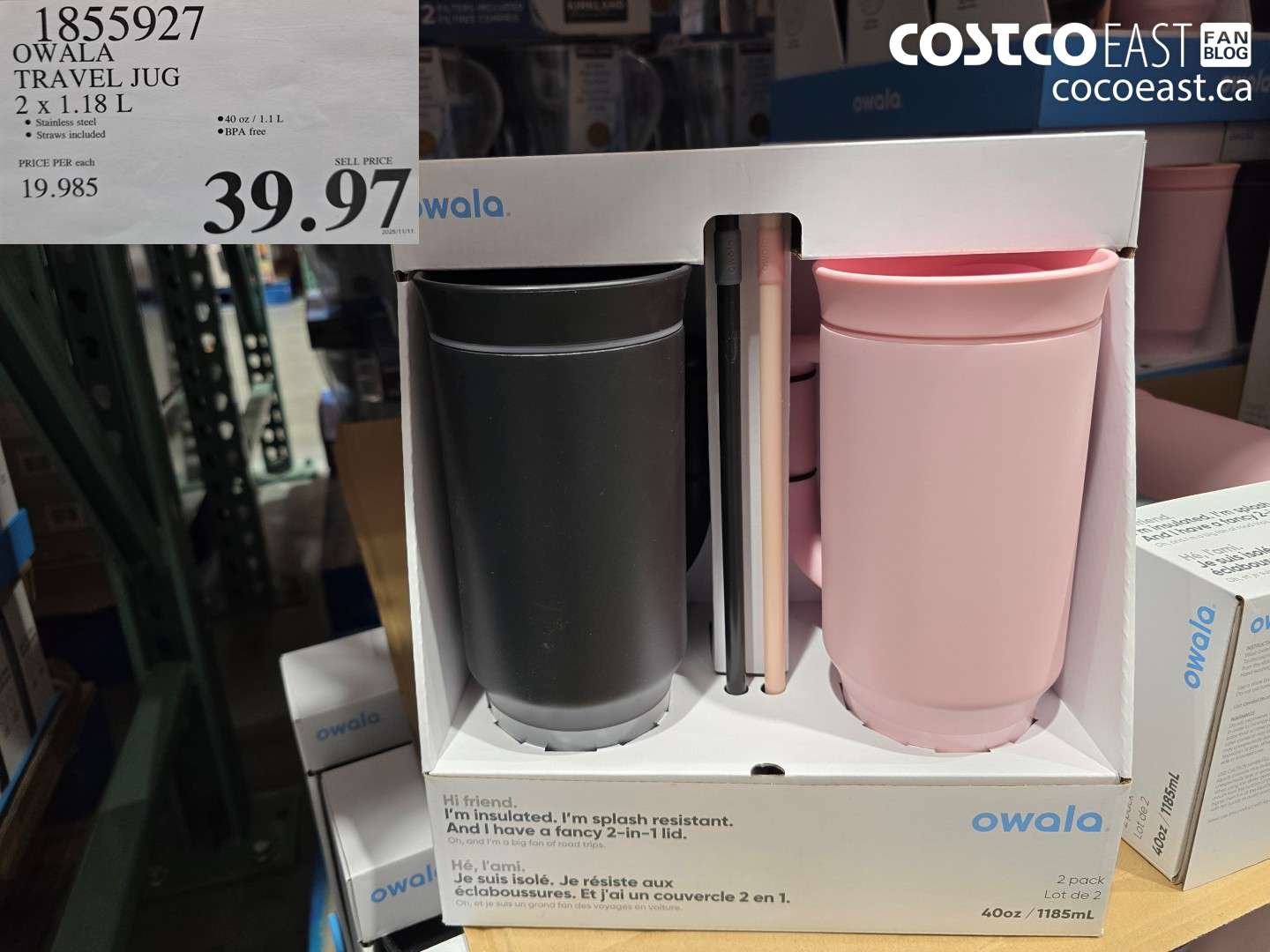 1855927 OWALA TRAVEL JUG PACK OF 2 X 1.18 L $39.97