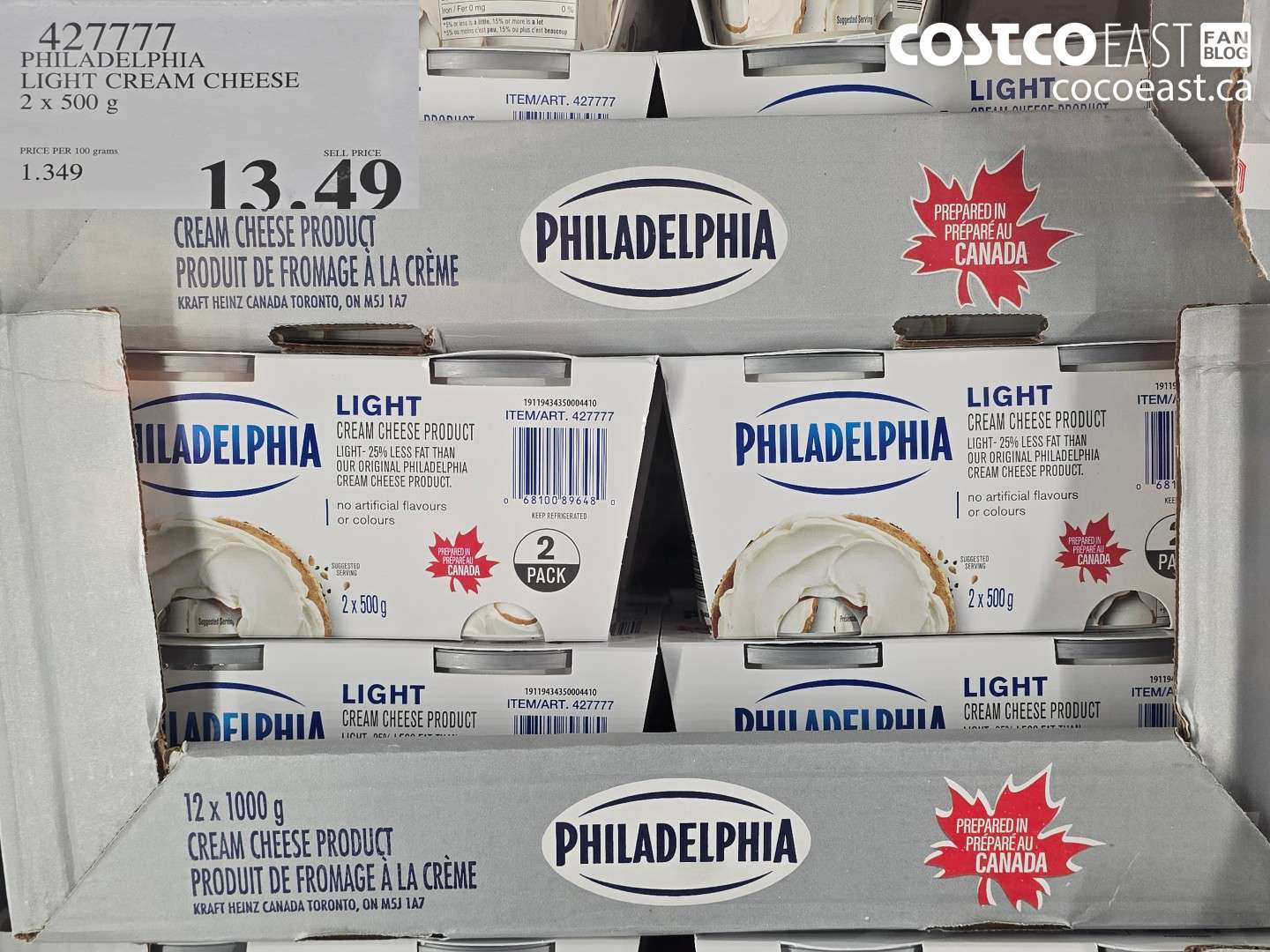 427777 PHILADELPHIA LIGHT CREAM CHEESE 2 X 500 G $13.49