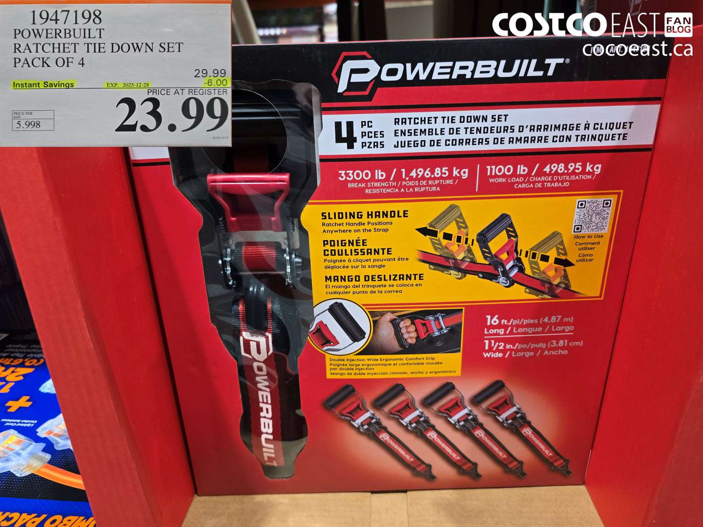 1947198 POWERBUILT RATCHET TIE DOWN SET PACK OF 4 ($6.00 INSTANT SAVINGS EXPIRES ON 2025-12-28) $23.99