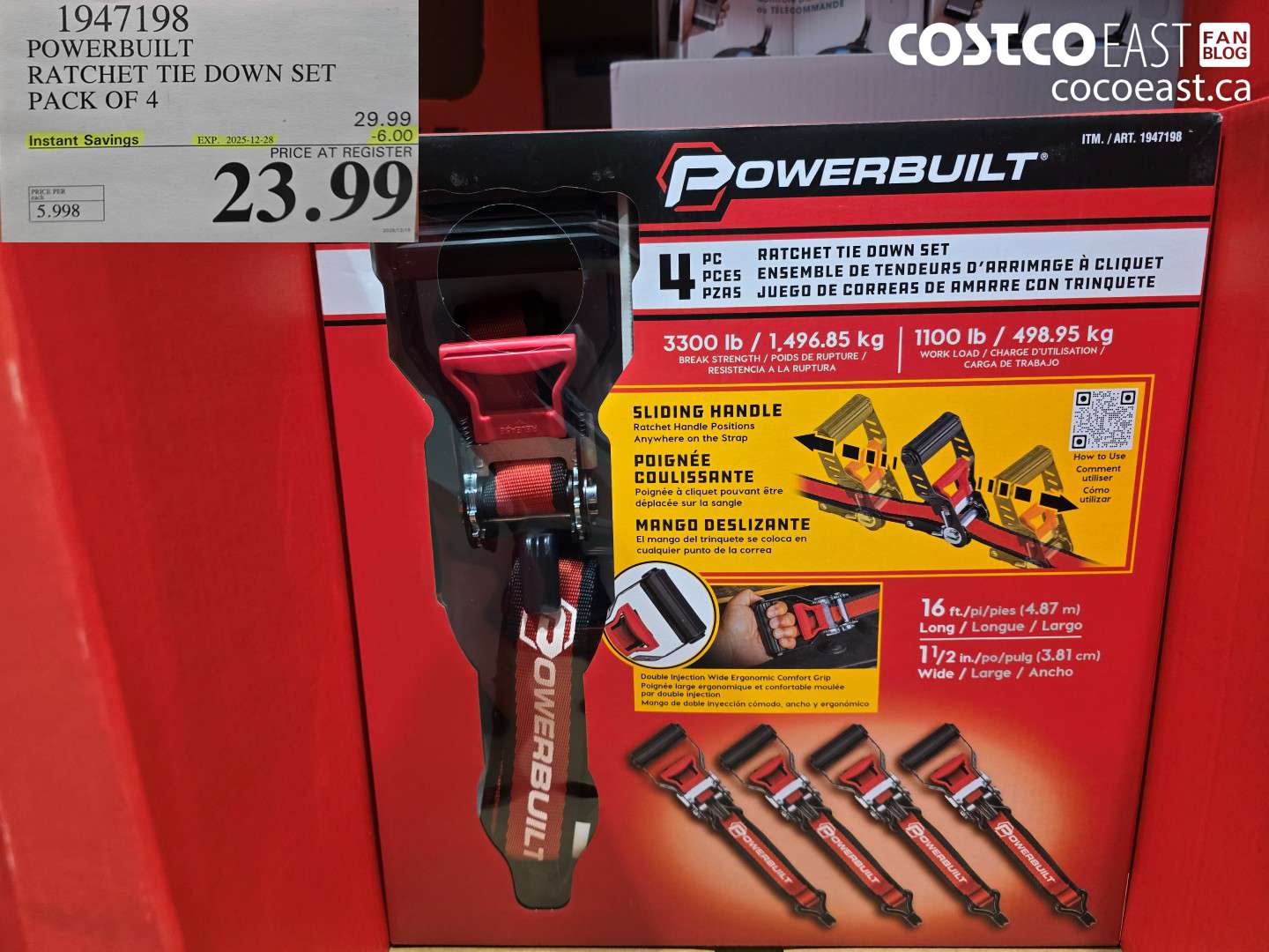 1947198 POWERBUILT RATCHET TIE DOWN SET PACK OF 4 ($6.00 INSTANT SAVINGS EXPIRES ON 2025-12-28) $23.99