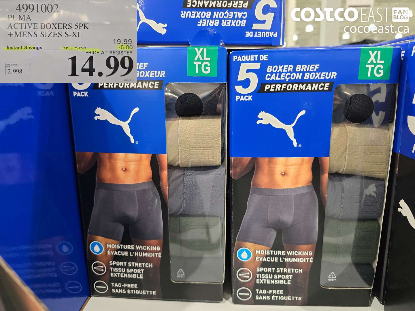 4991002 PUMA ACTIVE BOXERS 5PK +MENS SIZES S-XL ($5.00 INSTANT SAVINGS EXPIRES ON 2025-12-21) $14.99