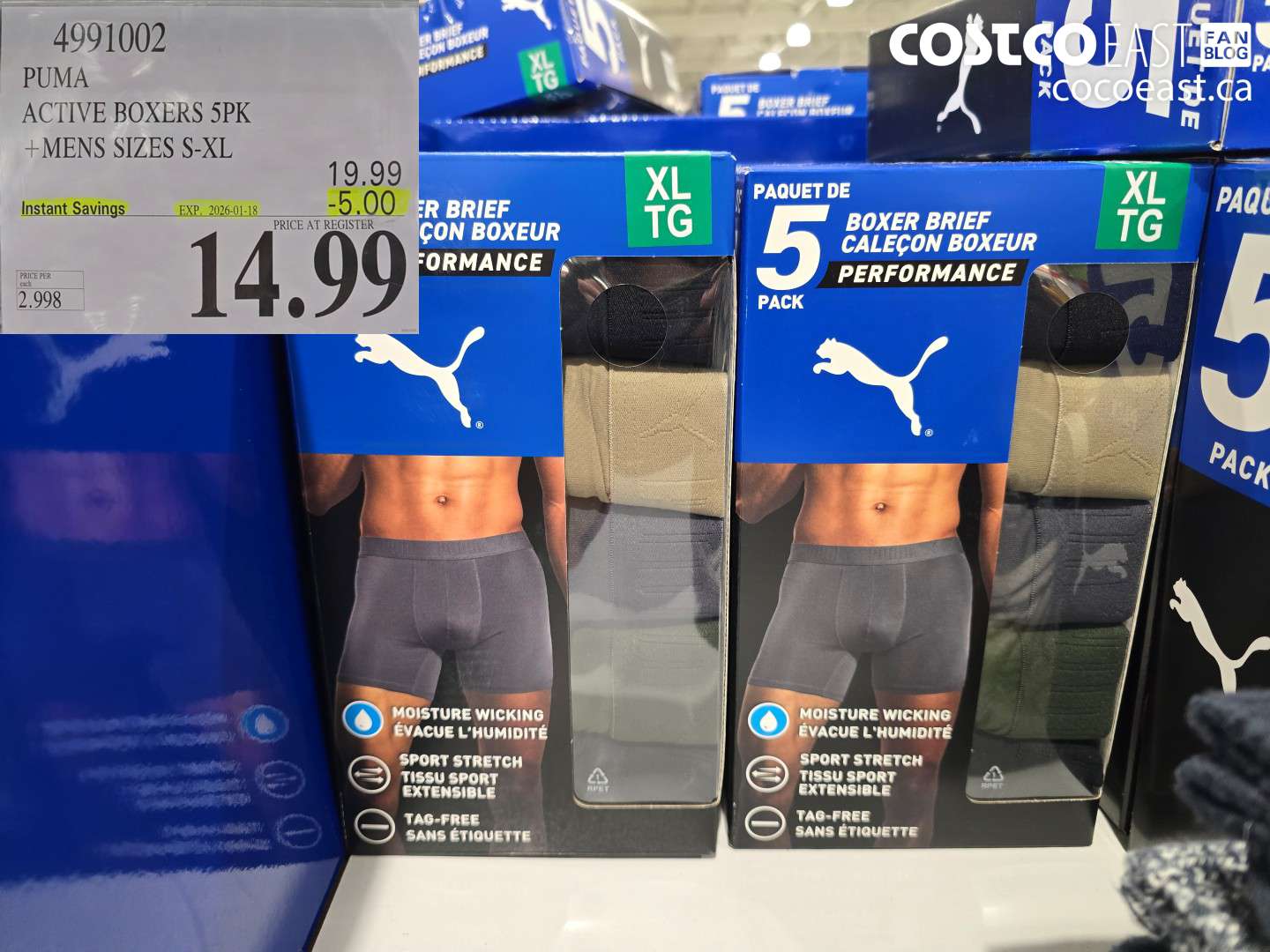 4991002 PUMA ACTIVE BOXERS 5PK +MENS SIZES S-XL ($5.00 INSTANT SAVINGS EXPIRES ON 2026-01-18) $14.99
