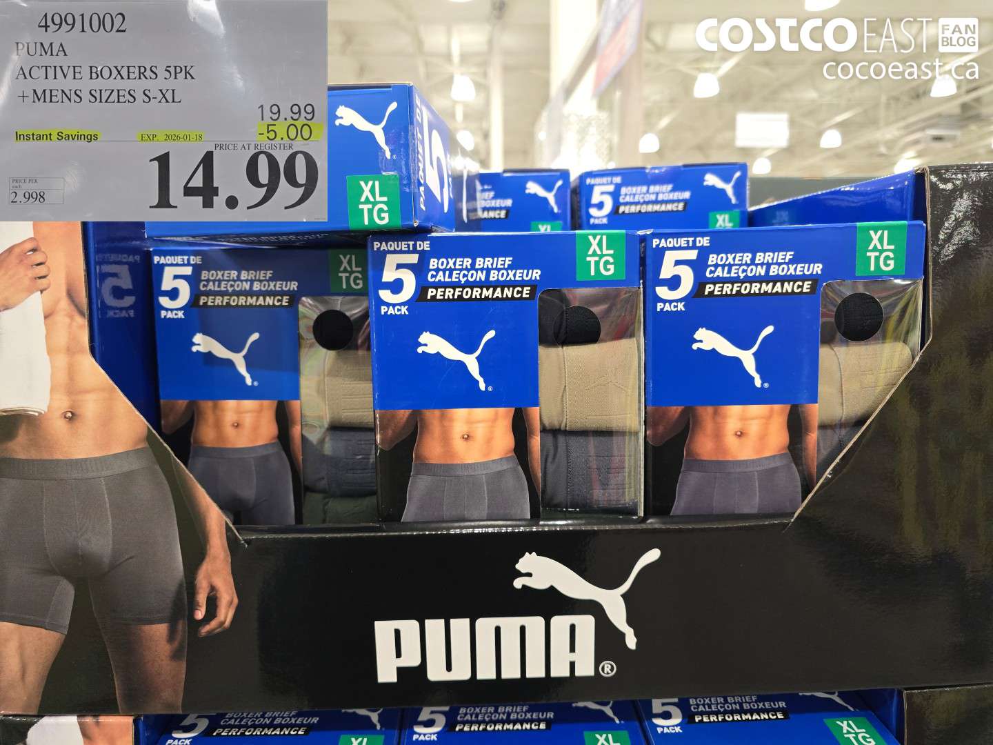 4991002 PUMA ACTIVE BOXERS 5PK +MENS SIZES S-XL ($5.00 INSTANT SAVINGS EXPIRES ON 2026-01-18) $14.99