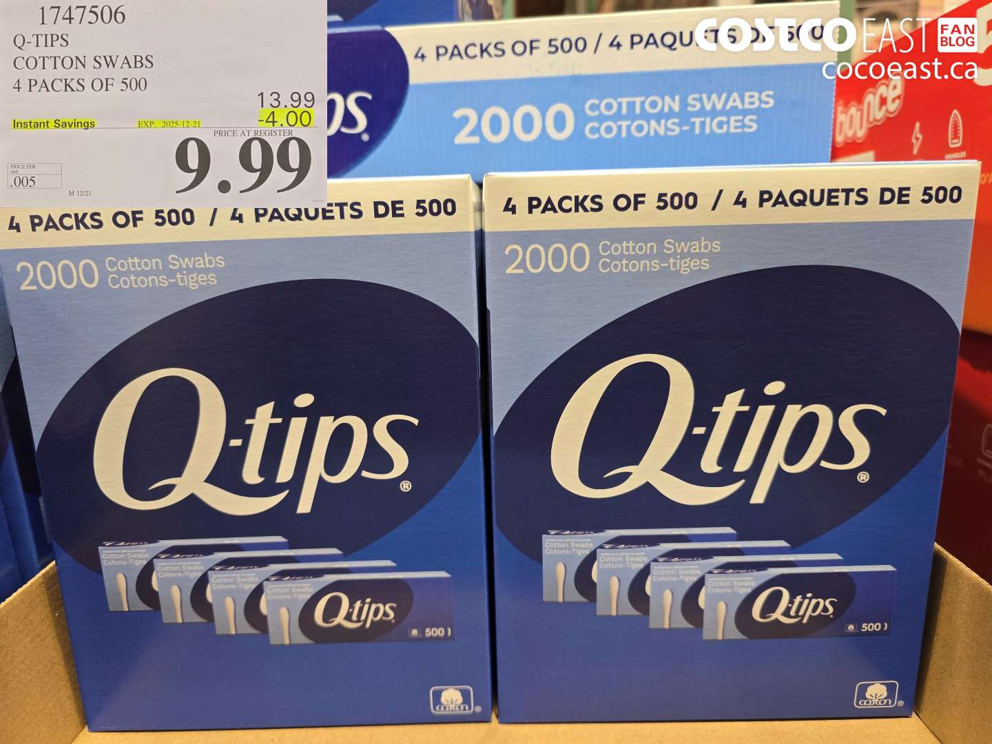 1747506 Q-TIPS COTTON SWABS 4 PACKS OF 500 ($4.00 INSTANT SAVINGS EXPIRES ON 2025-12-21) $9.99