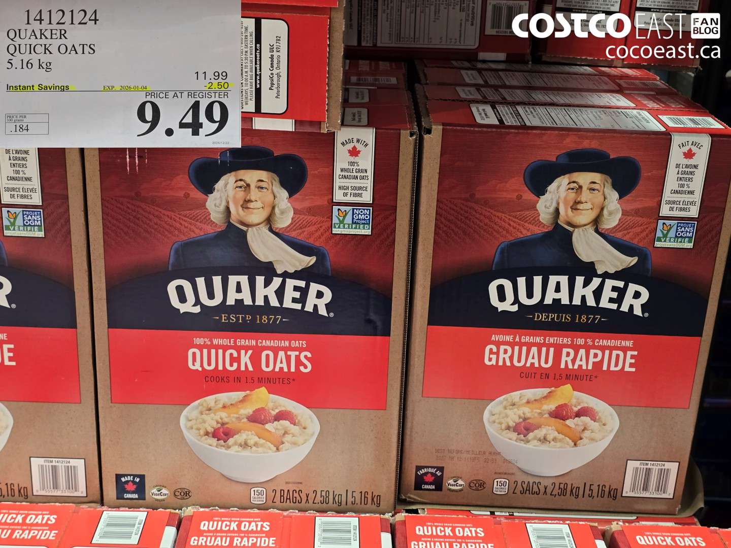 1412124 QUAKER QUICK OATS 5.16 kg ($2.50 INSTANT SAVINGS EXPIRES ON 2026-01-04) $9.49
