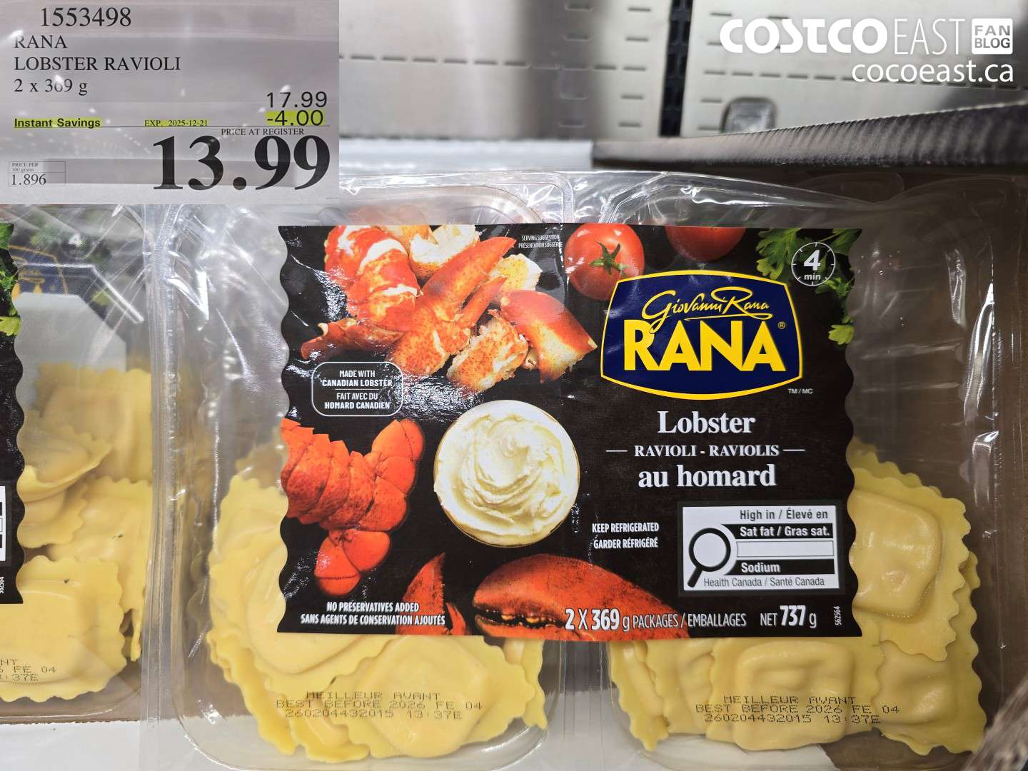1553498 RANA LOBSTER RAVIOLI 2 x 369 g ($4.00 INSTANT SAVINGS EXPIRES ON 2025-12-21) $13.99