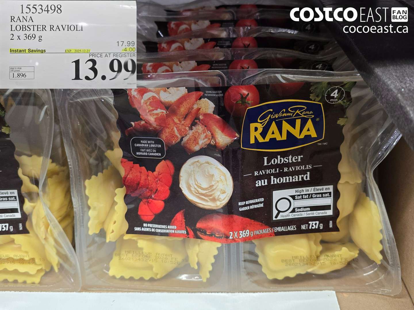 1553498 RANA LOBSTER RAVIOLI 2 x 369 g ($4.00 INSTANT SAVINGS EXPIRES ON 2025-12-21) $13.99