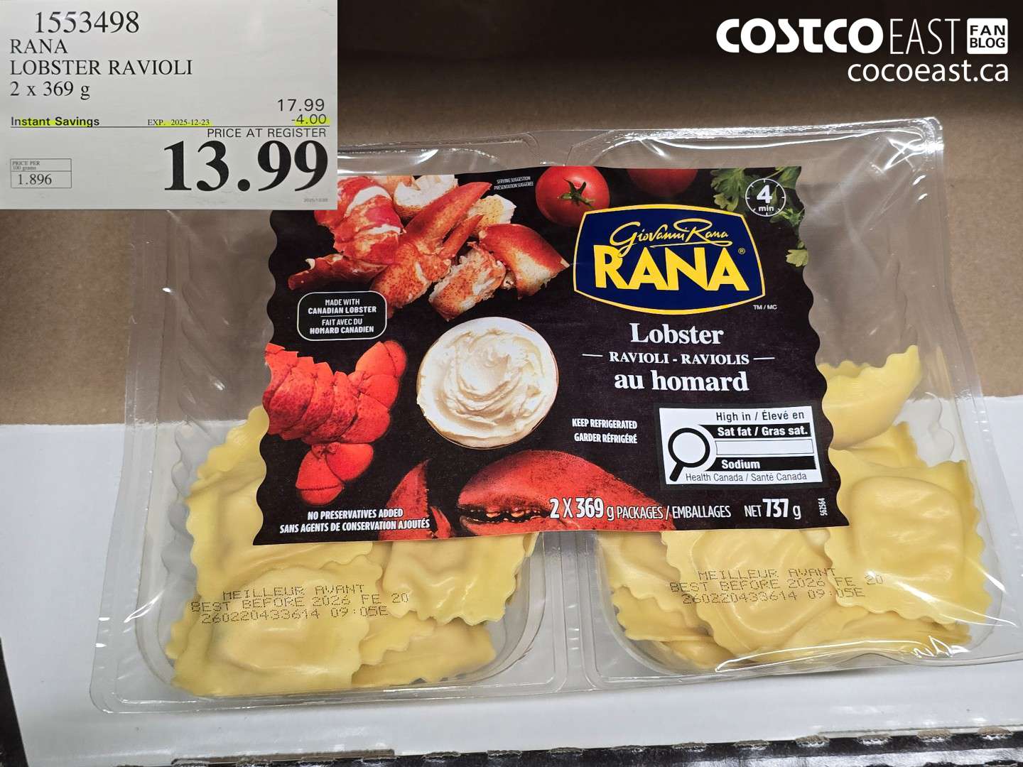 1553498 RANA LOBSTER RAVIOLI 2 x 369 g ($4.00 INSTANT SAVINGS EXPIRES ON 2025-12-23) $13.99