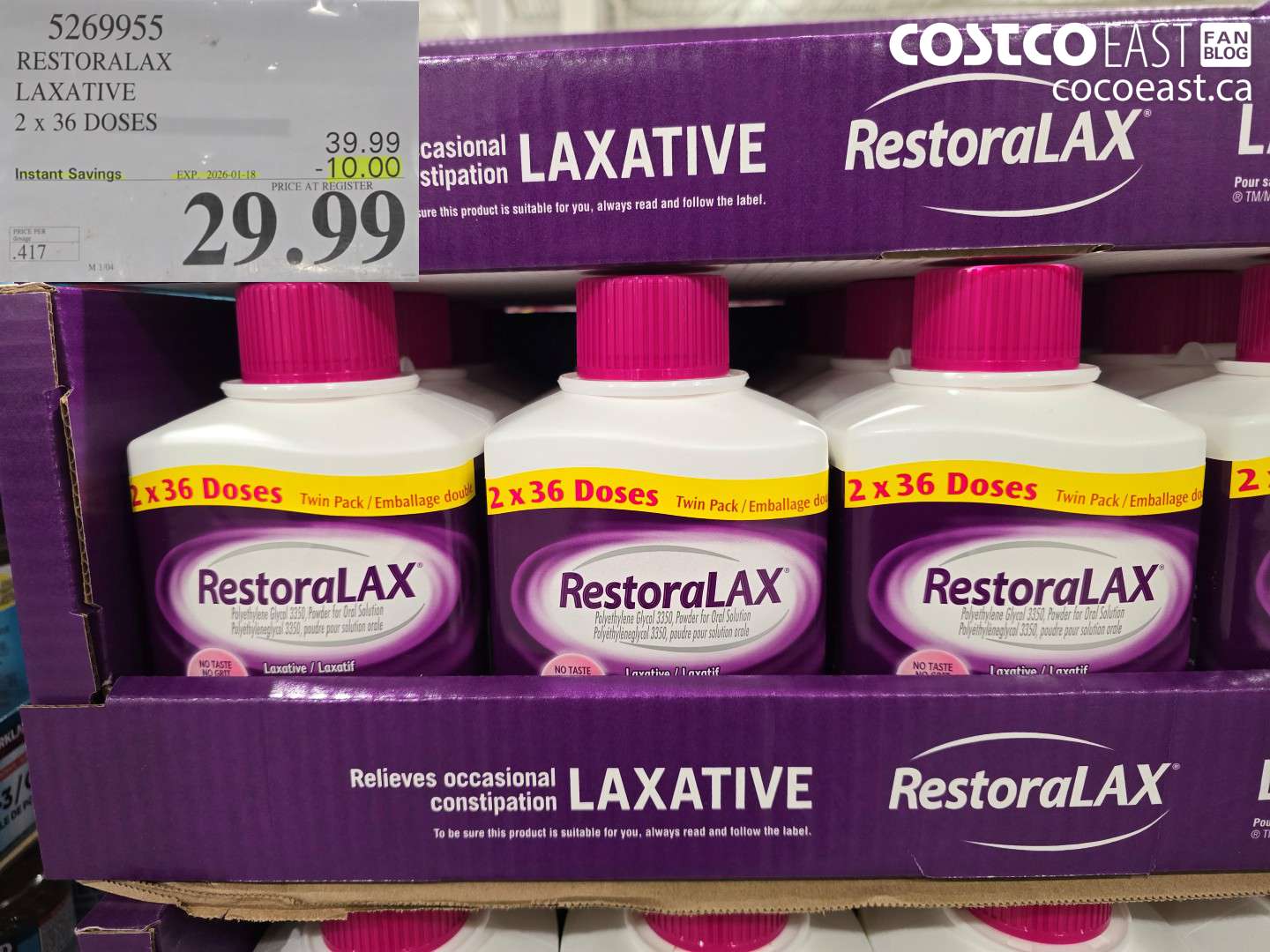 5269955 RESTORALAX LAXATIVE 2 X 36 DOSES ($8.00 INSTANT SAVINGS EXPIRES ON 2026-01-18) $29.99