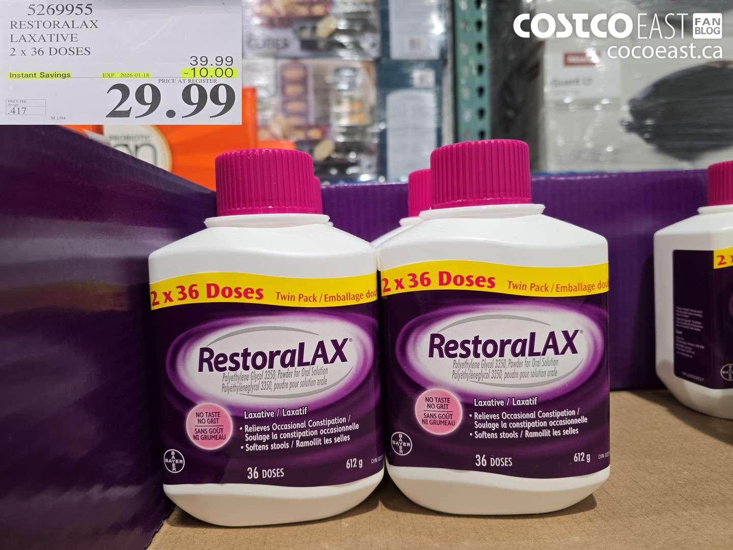 5269955 RESTORALAX LAXATIVE 2 X 36 DOSES ($8.00 INSTANT SAVINGS EXPIRES ON 2026-01-18) $29.99