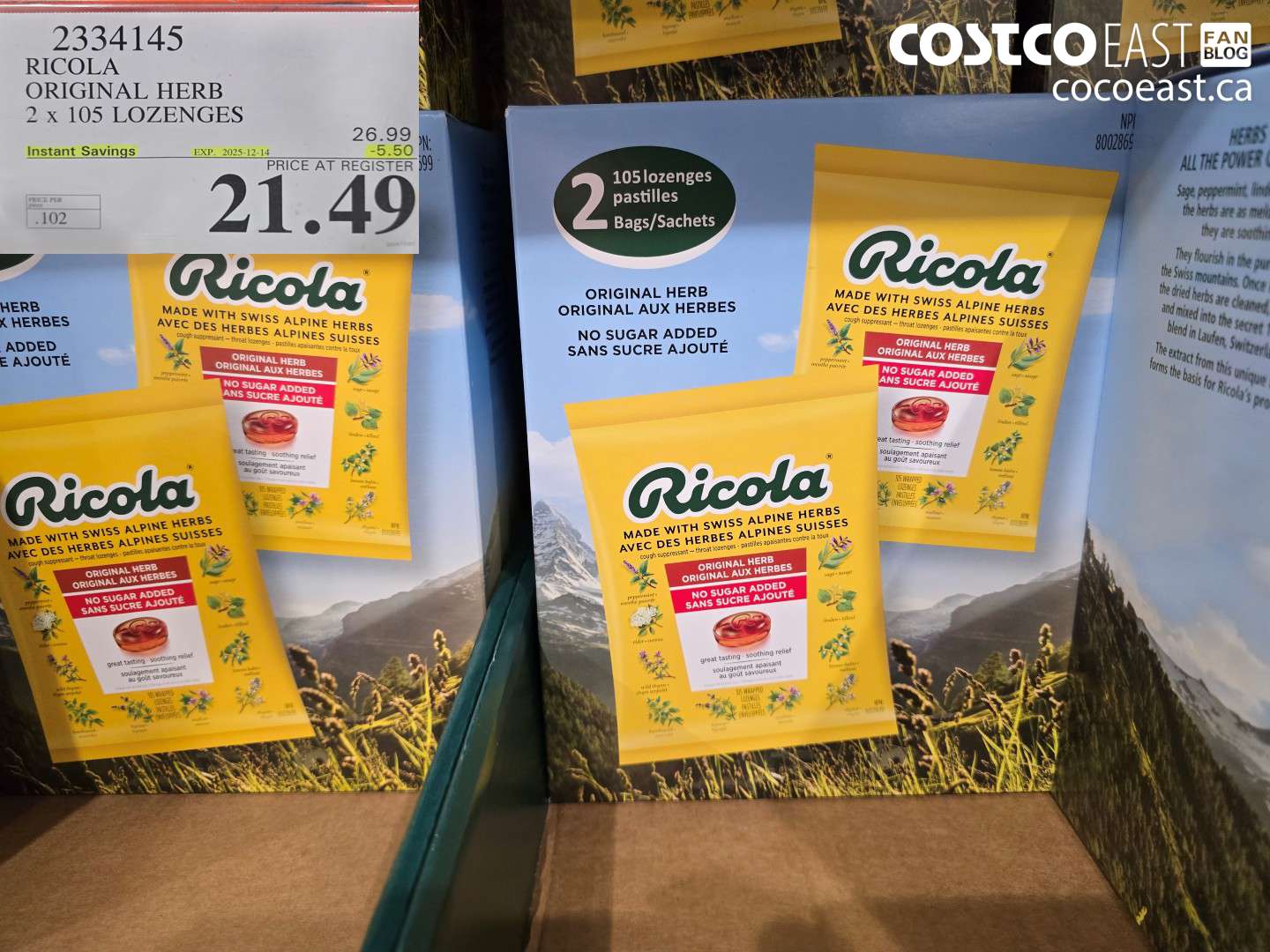 2334145 RICOLA ORIGINAL HERB 2 X 105 LOZENGES ($5.50 INSTANT SAVINGS EXPIRES ON 2025-12-14) $21.49