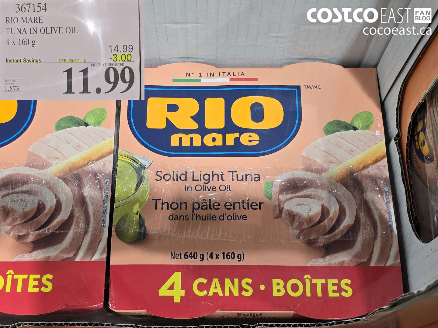 367154 RIO MARE TUNA IN OLIVE OIL 4 x 160 g ($3.00 INSTANT SAVINGS EXPIRES ON 2026-01-18) $11.99