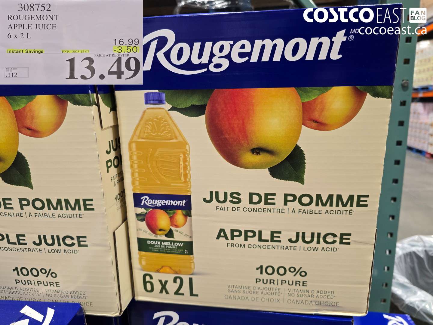 308752 ROUGEMONT APPLE JUICE 6 X 2 L ($3.50 INSTANT SAVINGS EXPIRES ON 2025-12-07) $13.49