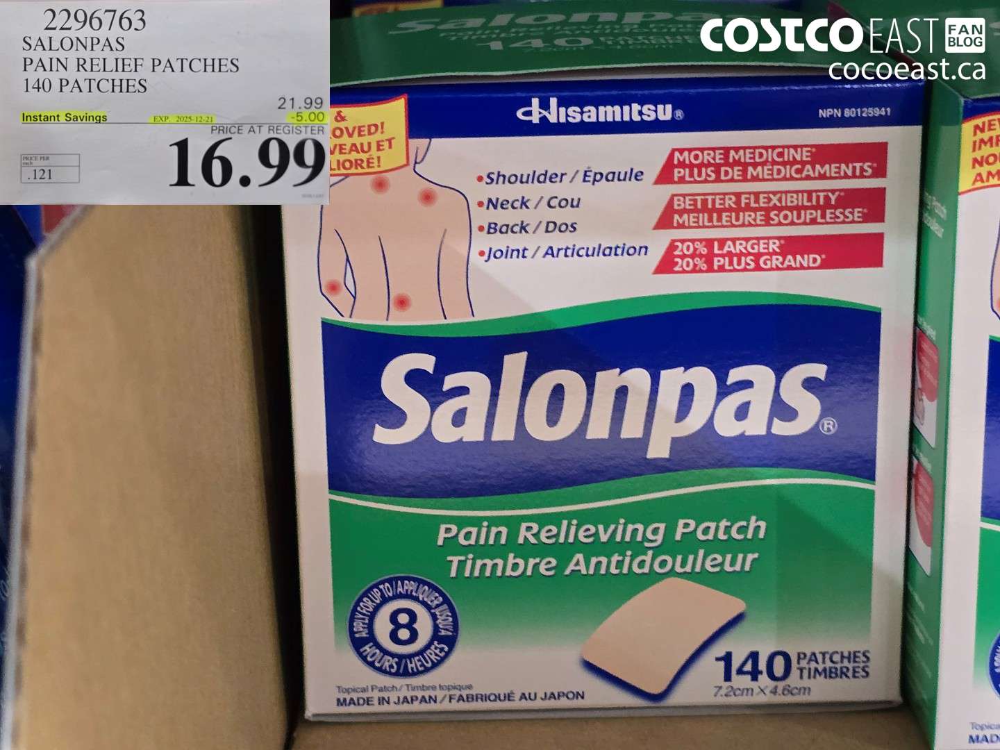 2296763 SALONPAS PAIN RELIEF PATCHES 140 PATCHES ($5.00 INSTANT SAVINGS EXPIRES ON 2025-21-21) $16.99