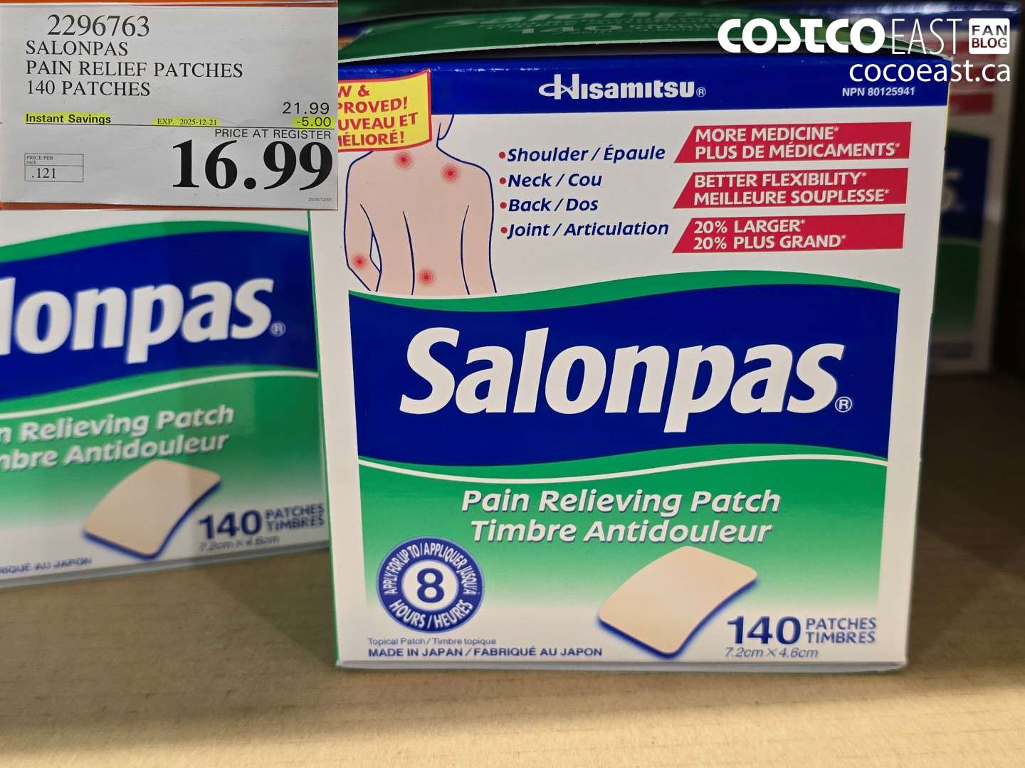 2296763 SALONPAS PAIN RELIEF PATCHES 140 PATCHES ($5.00 INSTANT SAVINGS EXPIRES ON 2025-12-21) $16.99