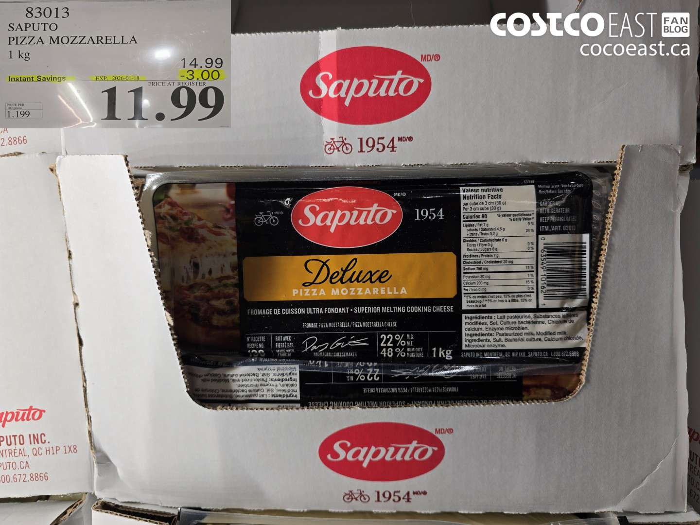 83013 SAPUTO PIZZA MOZZARELLA 1 KG ($3.00 INSTANT SAVINGS EXPIRES ON 2026-01-18) $11.99