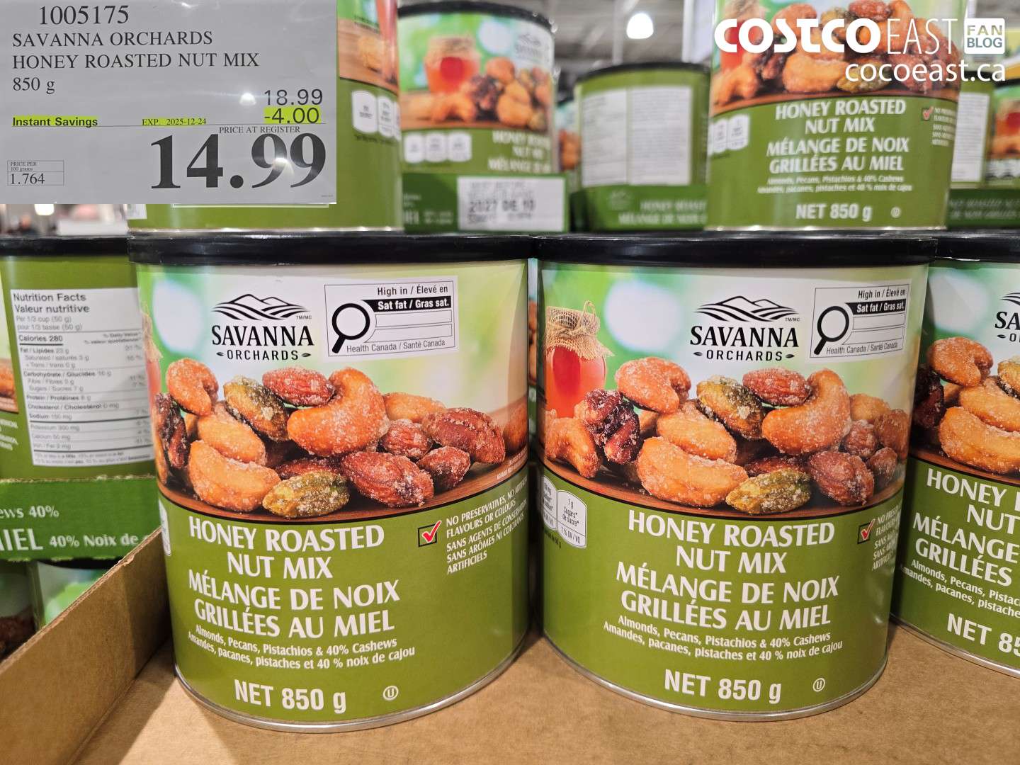 1005175 SAVANNA ORCHARDS HONEY ROASTED NUT MIX 850 G ($4.00 INSTANT SAVINGS EXPIRES ON 2025-12-24) $14.99