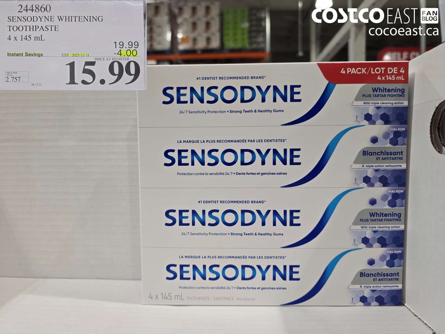 244860 SENSODYNE WHITENING TOOTHPASTE 4 X 145 ML ($4.00 INSTANT SAVINGS EXPIRES ON 2025-12-14) $15.99