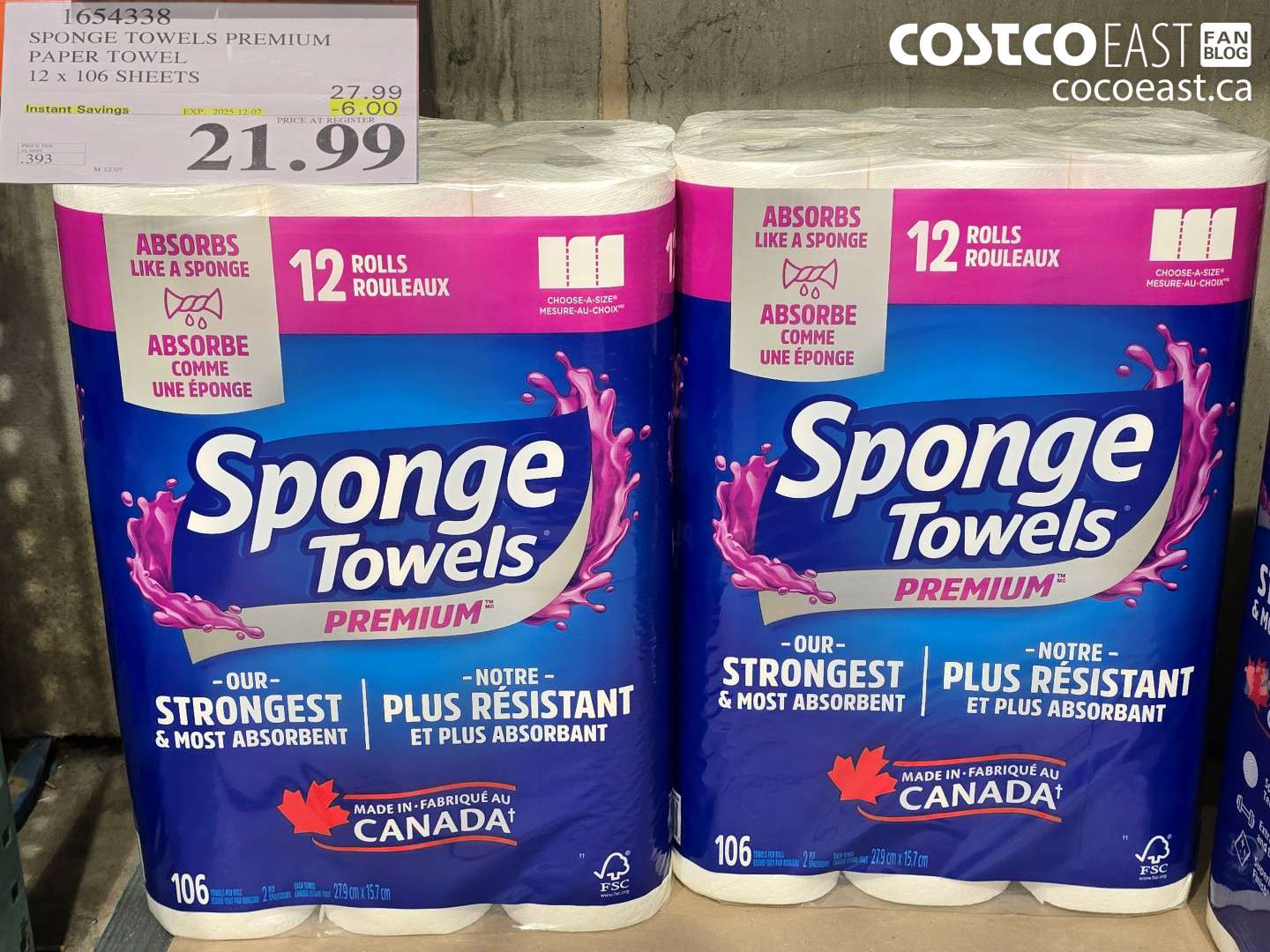 1654338 SPONGE TOWELS PREMIUM PAPER TOWEL 12 x 106 SHEETS ($6.00 INSTANT SAVINGS EXPIRES ON 2025-12-07) $21.99