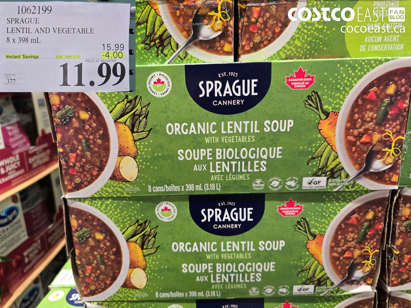 1062199 SPRAGUE LENTIL AND VEGETABLE 8 X 398 ML ($4.00 INSTANT SAVINGS EXPIRES ON 2025-12-07) $11.99