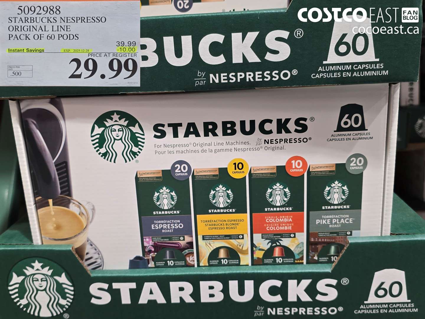5092988 STARBUCKS NESPRESSO ORIGINAL LINE PACK OF 60 PODS ($10.00 INSTANT SAVINGS EXPIRES ON 2025-12-28) $29.99