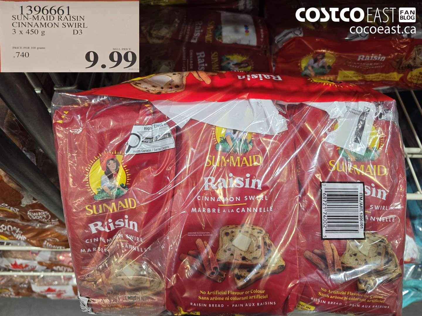 1396661 SUN-MAID RAISIN CINNAMON SWIRL 3 x 450 g $9.99