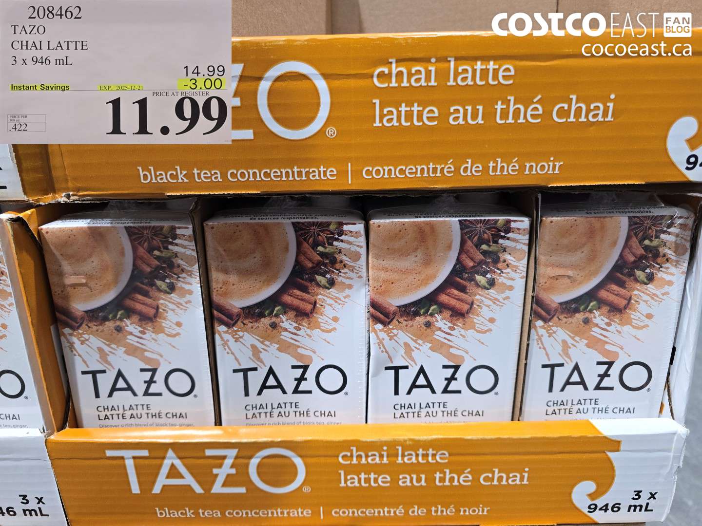 208462 TAZO CHAI LATTE 3 X 946 ML ($3.00 INSTANT SAVINGS EXPIRES ON 2025-12-21) $11.99