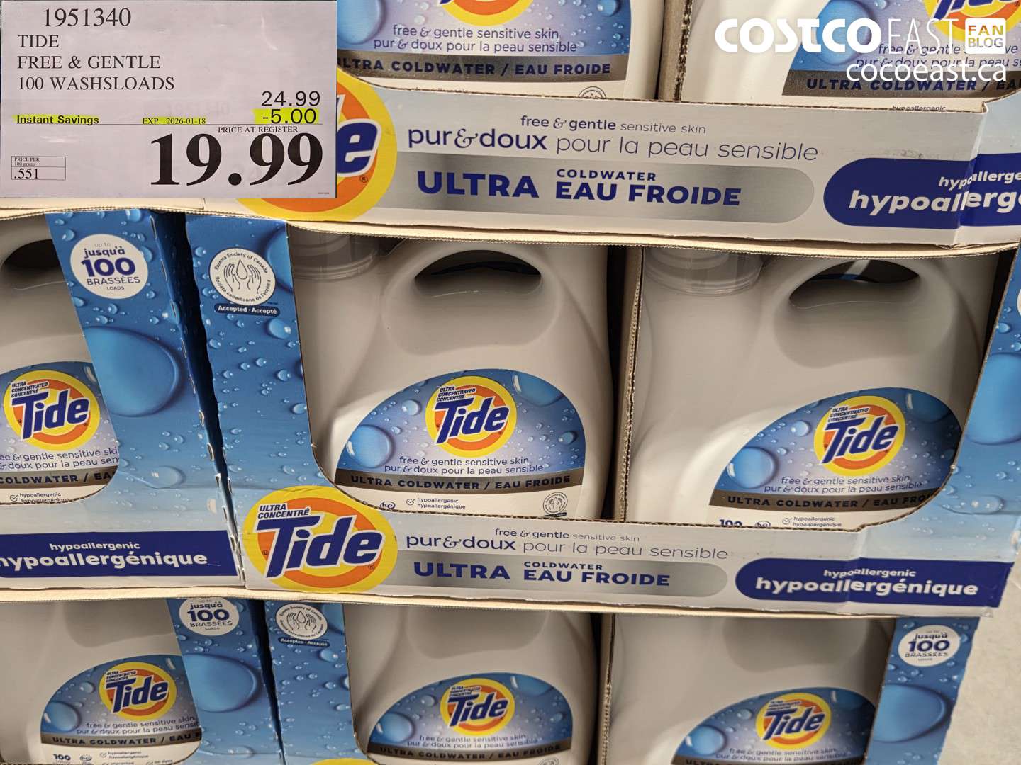 1951340 TIDE FREE & GENTLE 100 WASHSLOADS ($5.00 INSTANT SAVINGS EXPIRES ON 2026-01-18) $19.99