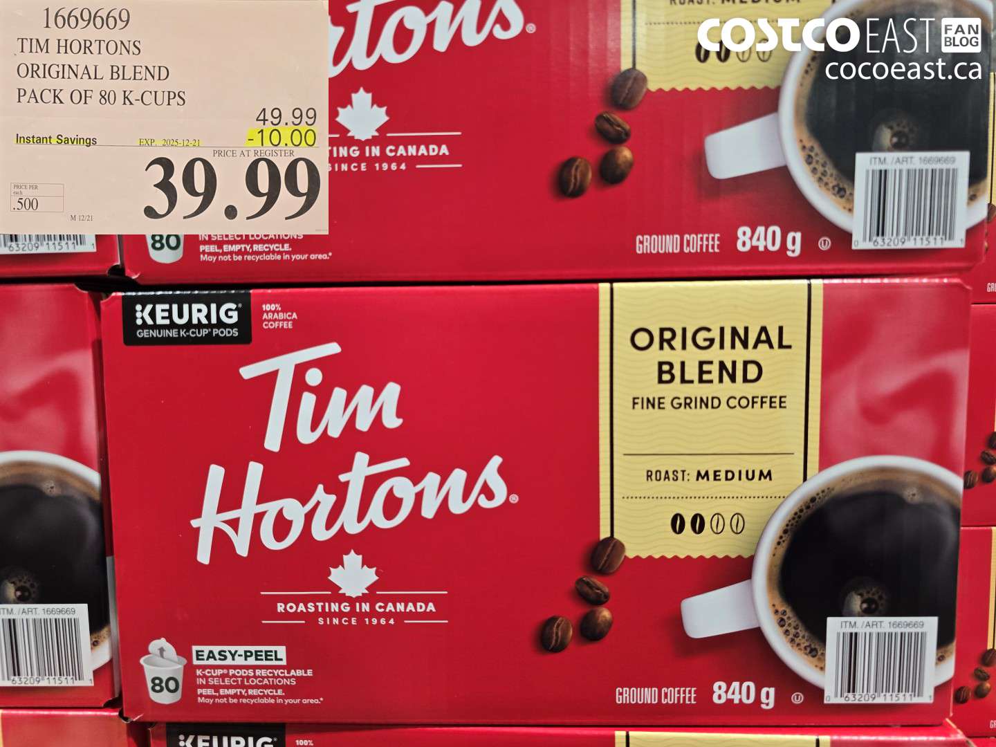 1669669 TIM HORTONS ORIGINAL BLEND PACK OF 80 K-CUPS ($10.00 INSTANT SAVINGS EXPIRES ON 2025-12-21) $39.99