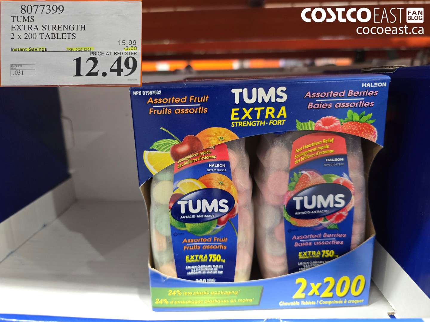 8077399 TUMS EXTRA STRENGTH 2x 200 TABLETS ($3.50 INSTANT SAVINGS EXPIRES ON 2025-12-21) $12.49