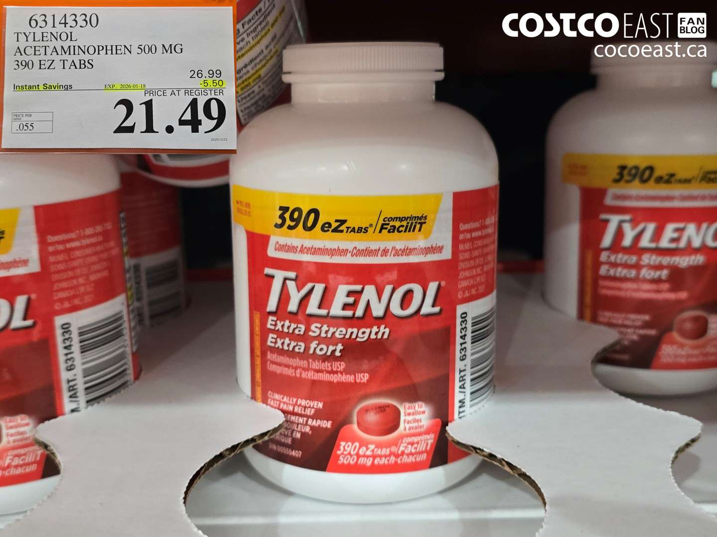 6314330 TYLENOL ACETAMINOPHEN 500MG 390 EZ TABS ($5.50 INSTANT SAVINGS EXPIRES ON 2026-01-18) $21.49