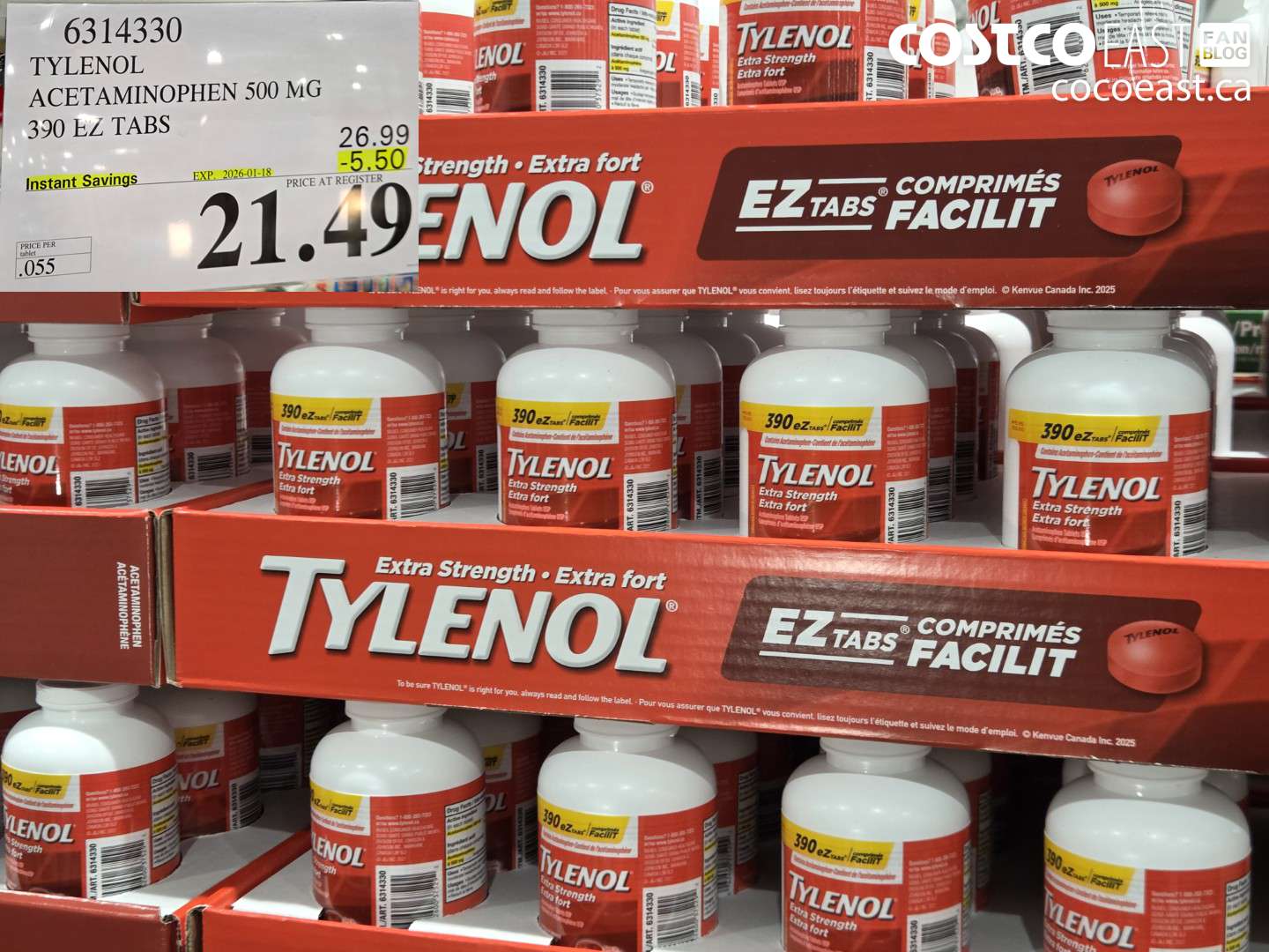 6314330 TYLENOL ACETAMINOPHEN 500MG 390 EZ TABS ($5.50 INSTANT SAVINGS EXPIRES ON 2026-01-18) $21.49