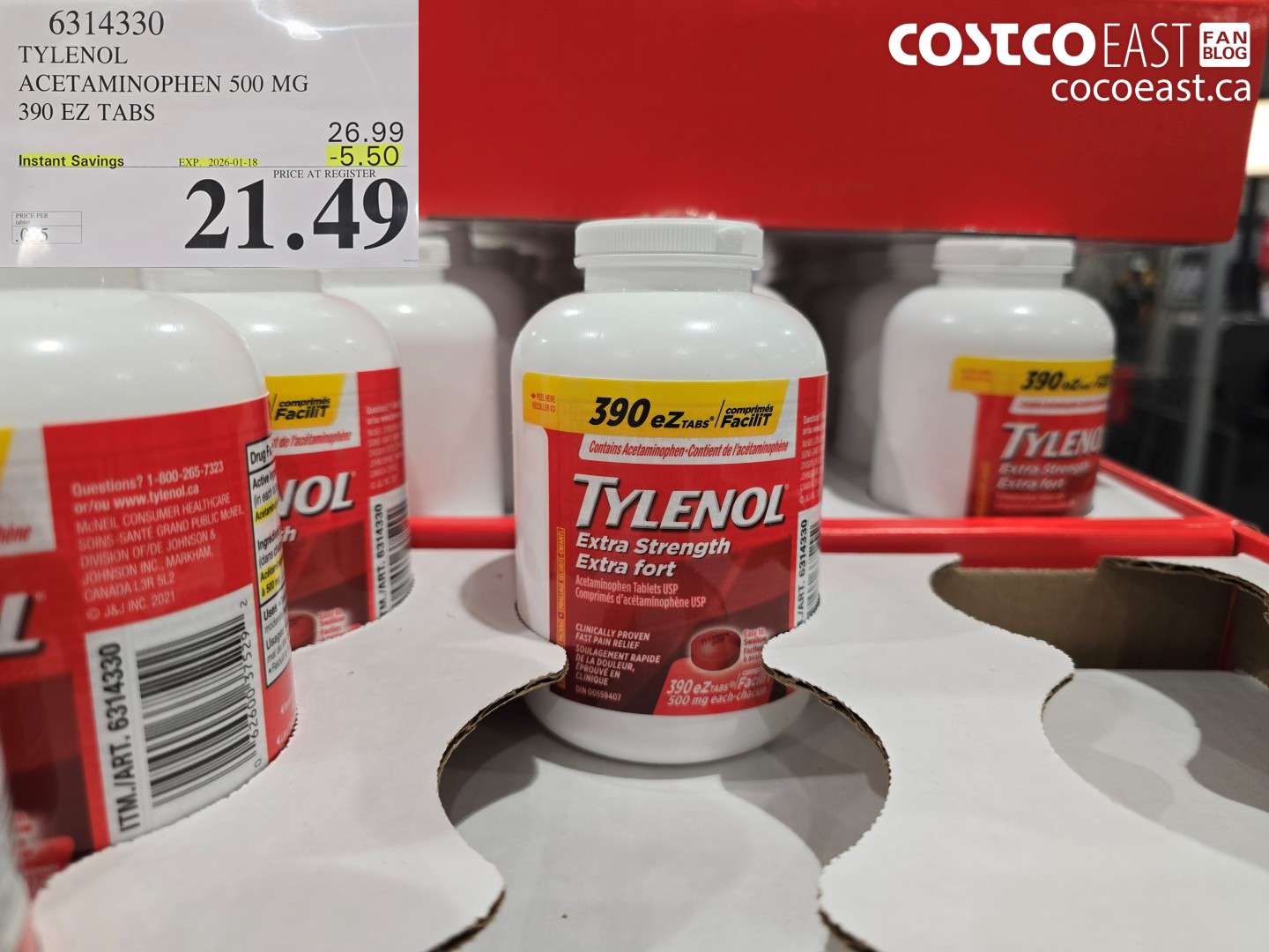 6314330 TYLENOL ACETAMINOPHEN 500MG 390 EZ TABS ($5.50 INSTANT SAVINGS EXPIRES ON 2026-01-18) $21.49