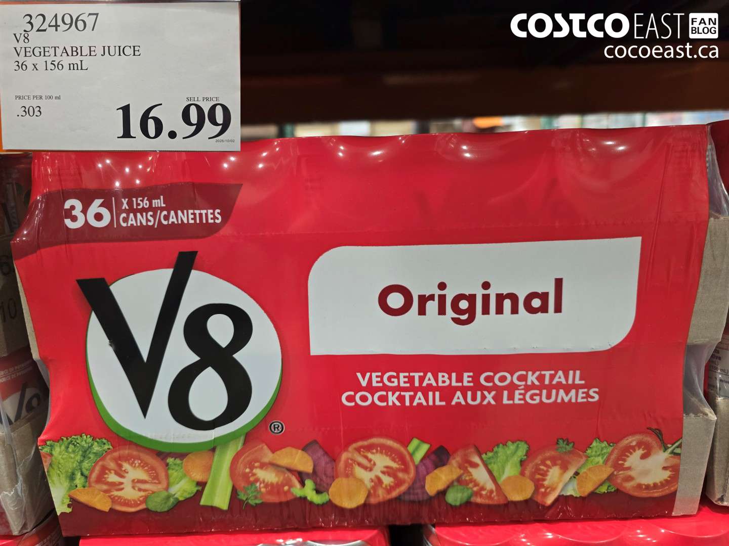 324967 V8 VEGETABLE JUICE 36 x 156 mL $16.99