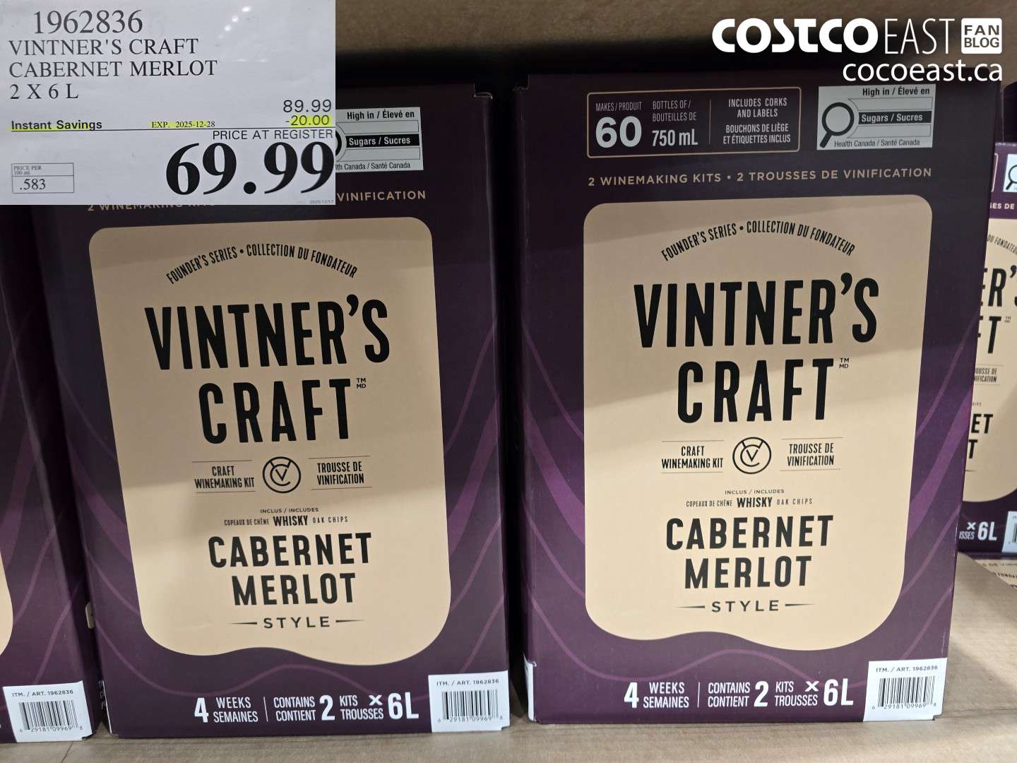1962836 VINTNER'S CRAFT CABERNET MERLOT 2 X 6 L ($20.00 INSTANT SAVINGS EXPIRES ON 2025-12-28) $69.99