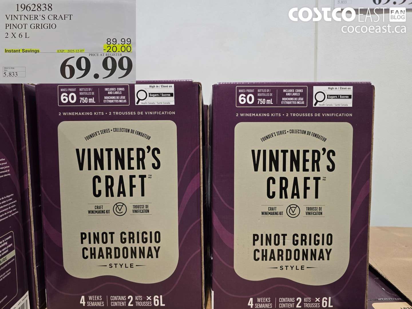 1962838 VINTNER'S CRAFT PINOT GRIGIO 2 X 6 L ($20.00 INSTANT SAVINGS EXPIRES ON 2025-12-07) $69.99