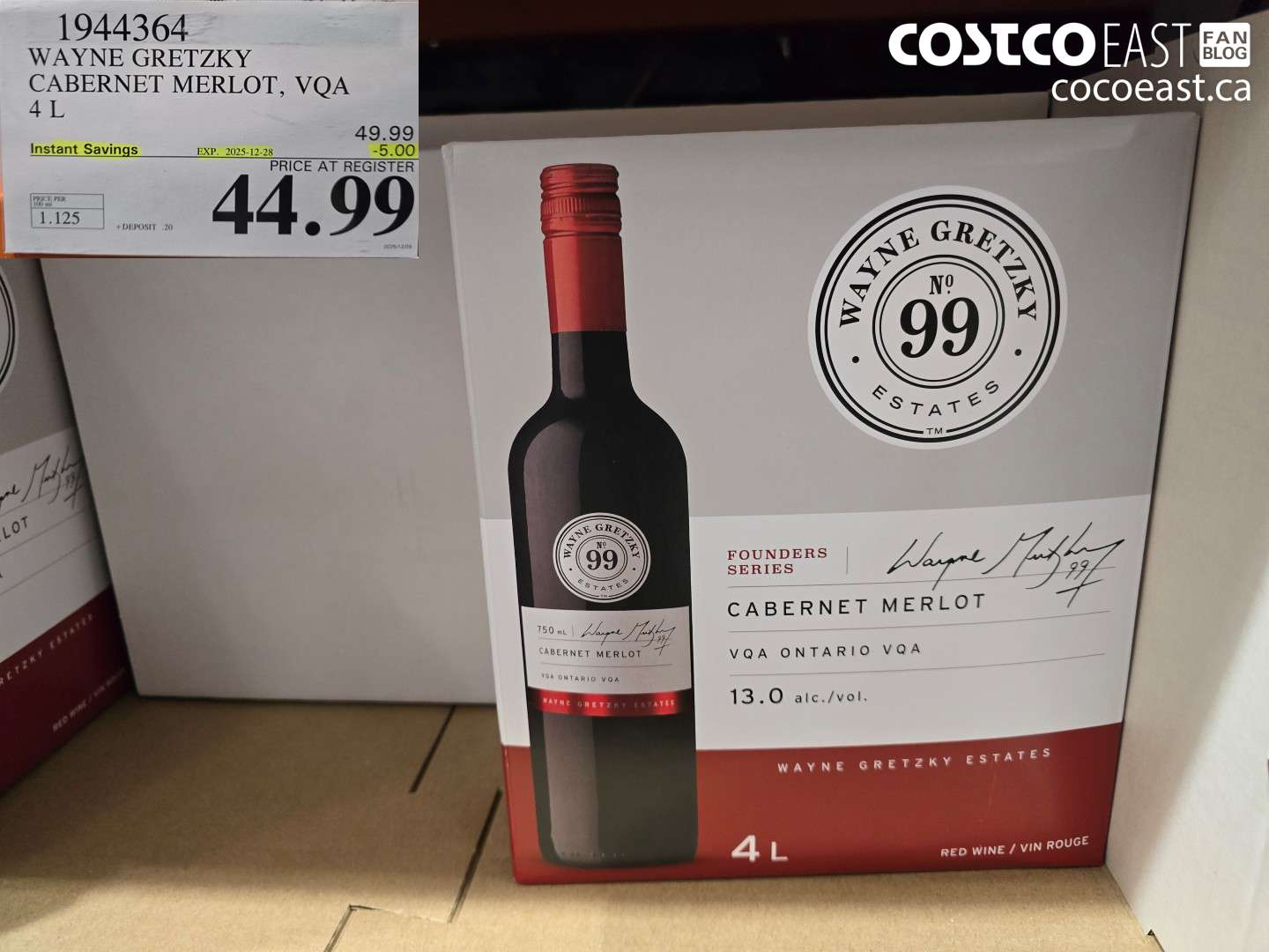 1944364 WAYNE GRETZKY CABERNET MERLOT, VQA 4L ($5.00 INSTANT SAVINGS EXPIRES ON 2025-12-28) $44.99