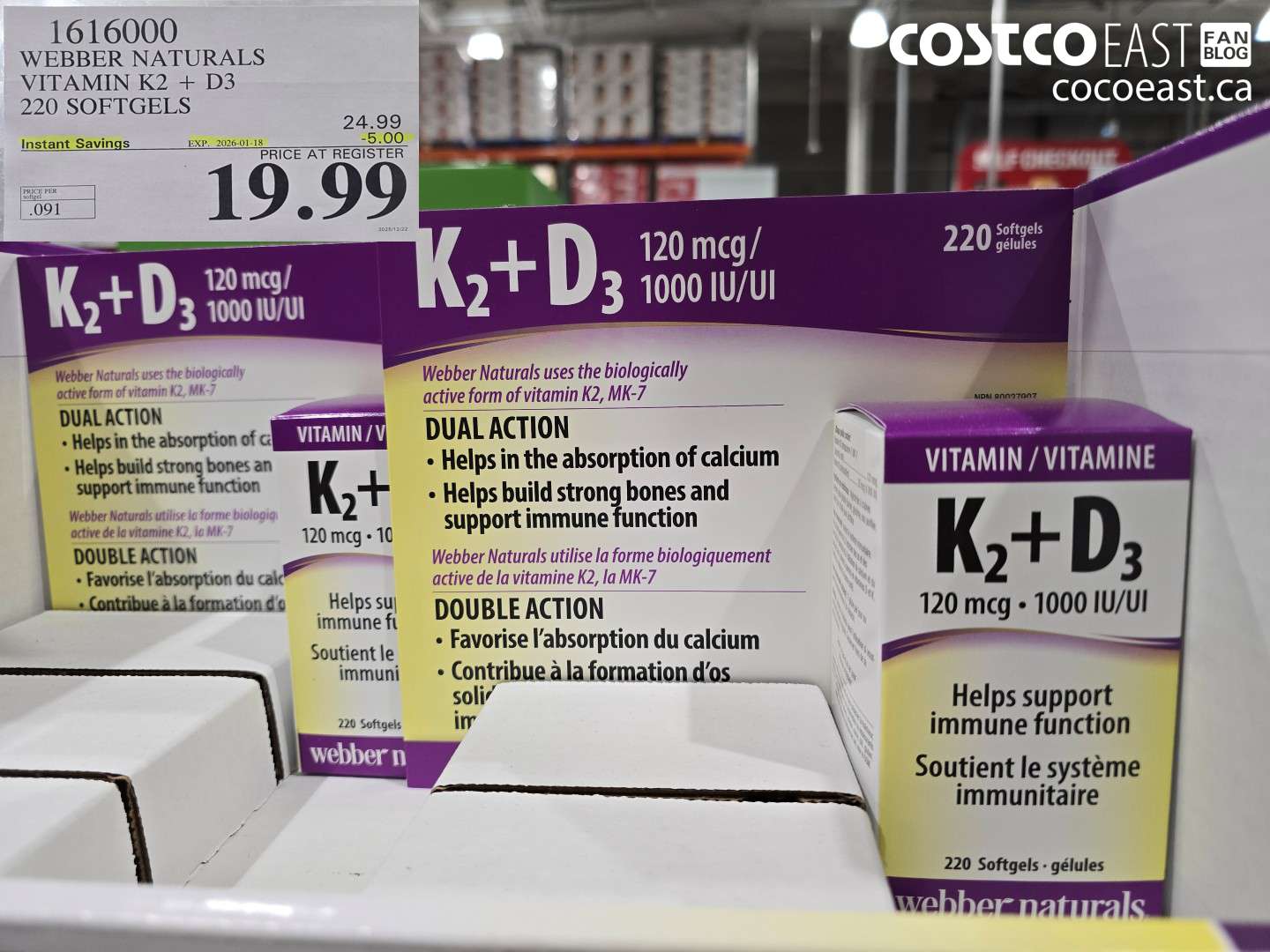 1616000 WEBBER NATURALS VITAMIN K2+D3 220 SOFTGELS ($5.00 INSTANT SAVINGS EXPIRES ON 2026-01-18) $19.99