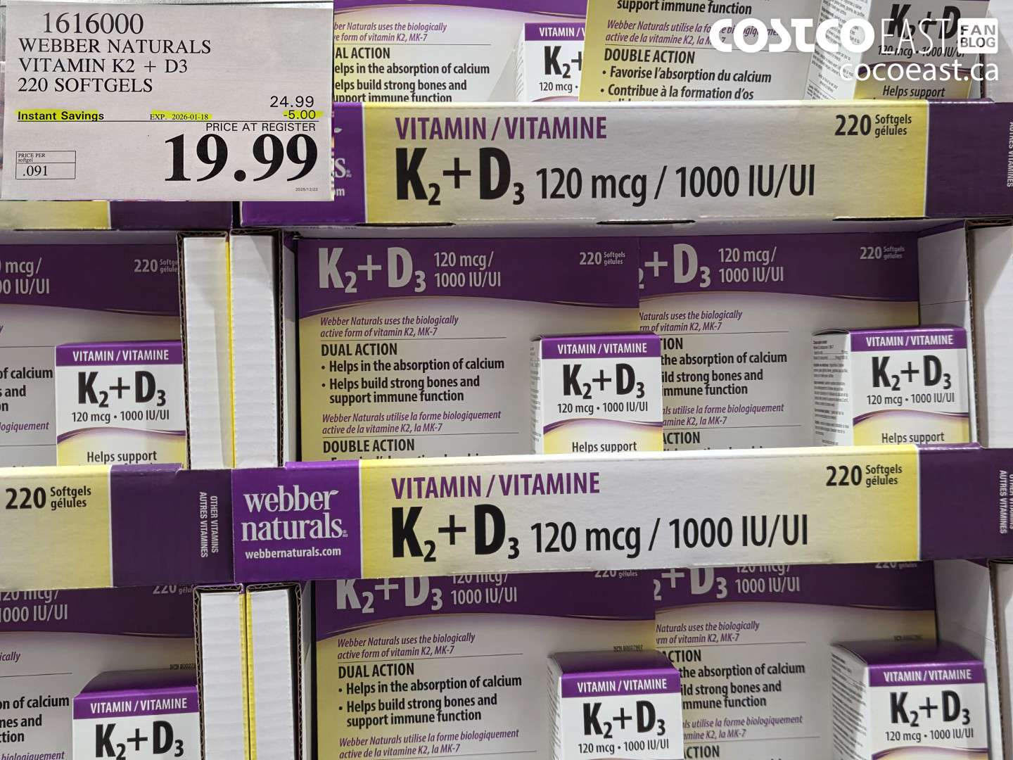 1616000 WEBBER NATURALS VITAMIN K2+D3 220 SOFTGELS ($5.00 INSTANT SAVINGS EXPIRES ON 2026-01-18) $19.99